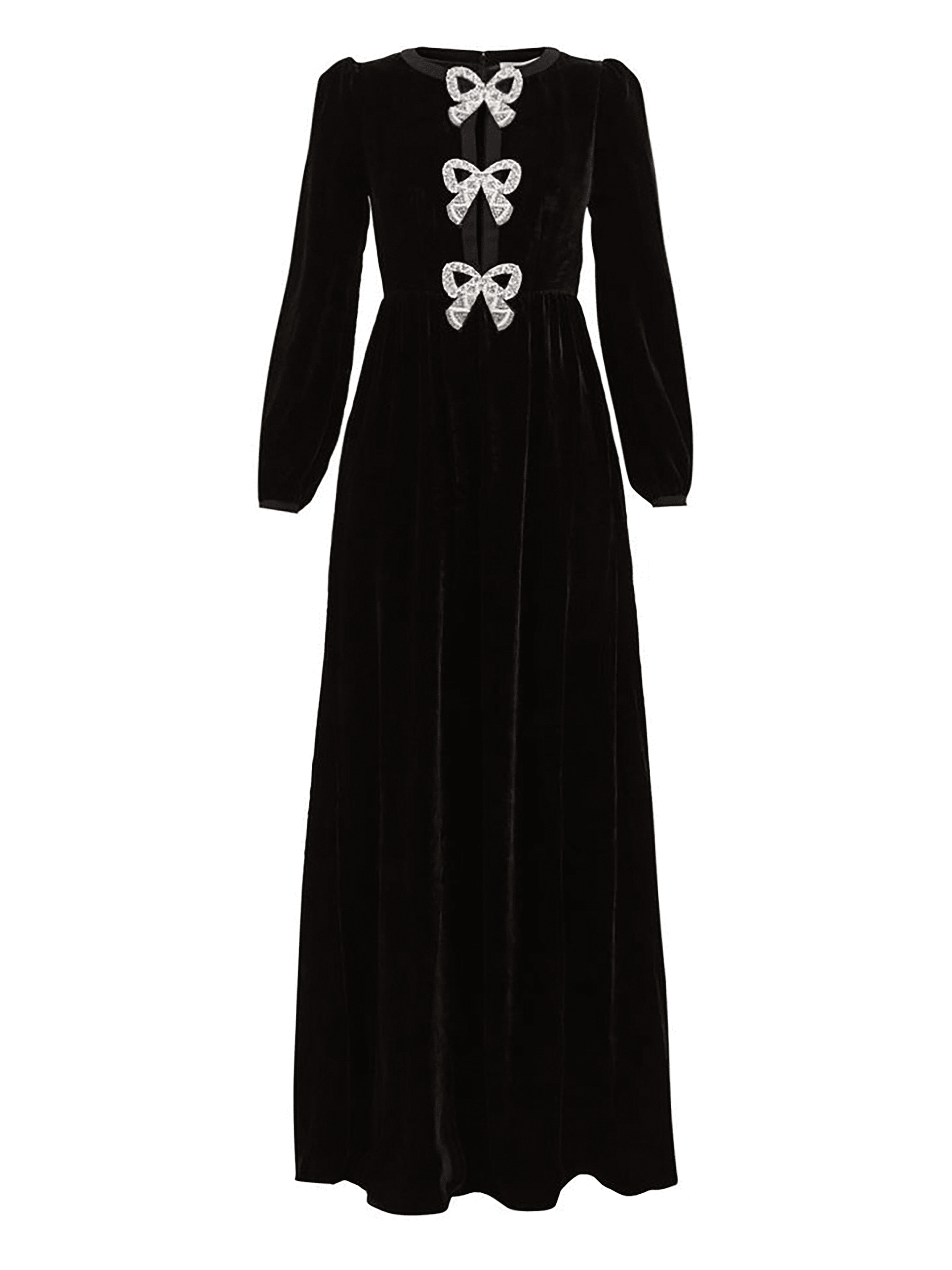 Camille Velvet Embellished Black Bows Long Dress in Black
