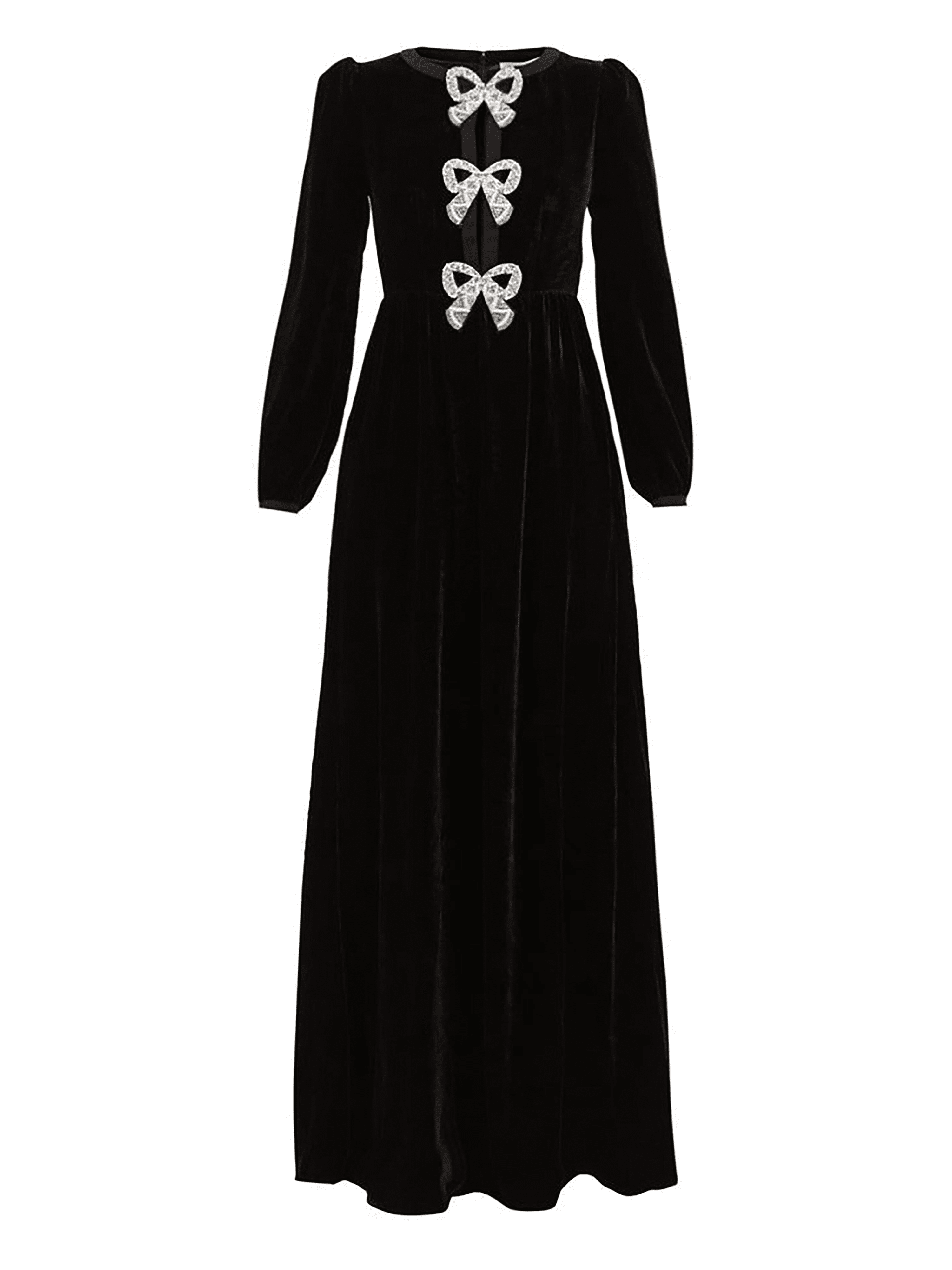 Camille Velvet Embellished Bows Long Dress in Black – SALONI