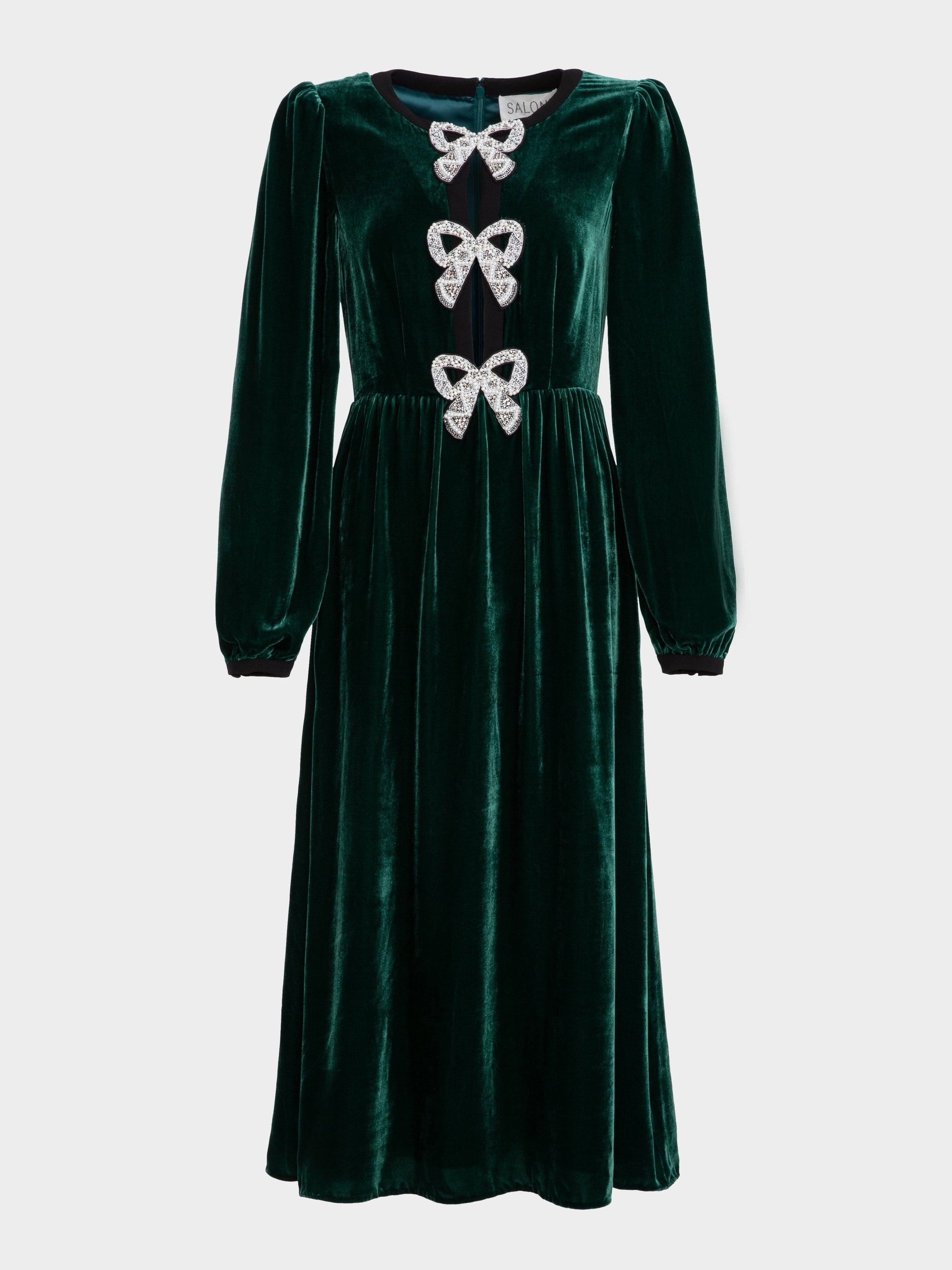 Camille Velvet Embellished Bows Dress in Green