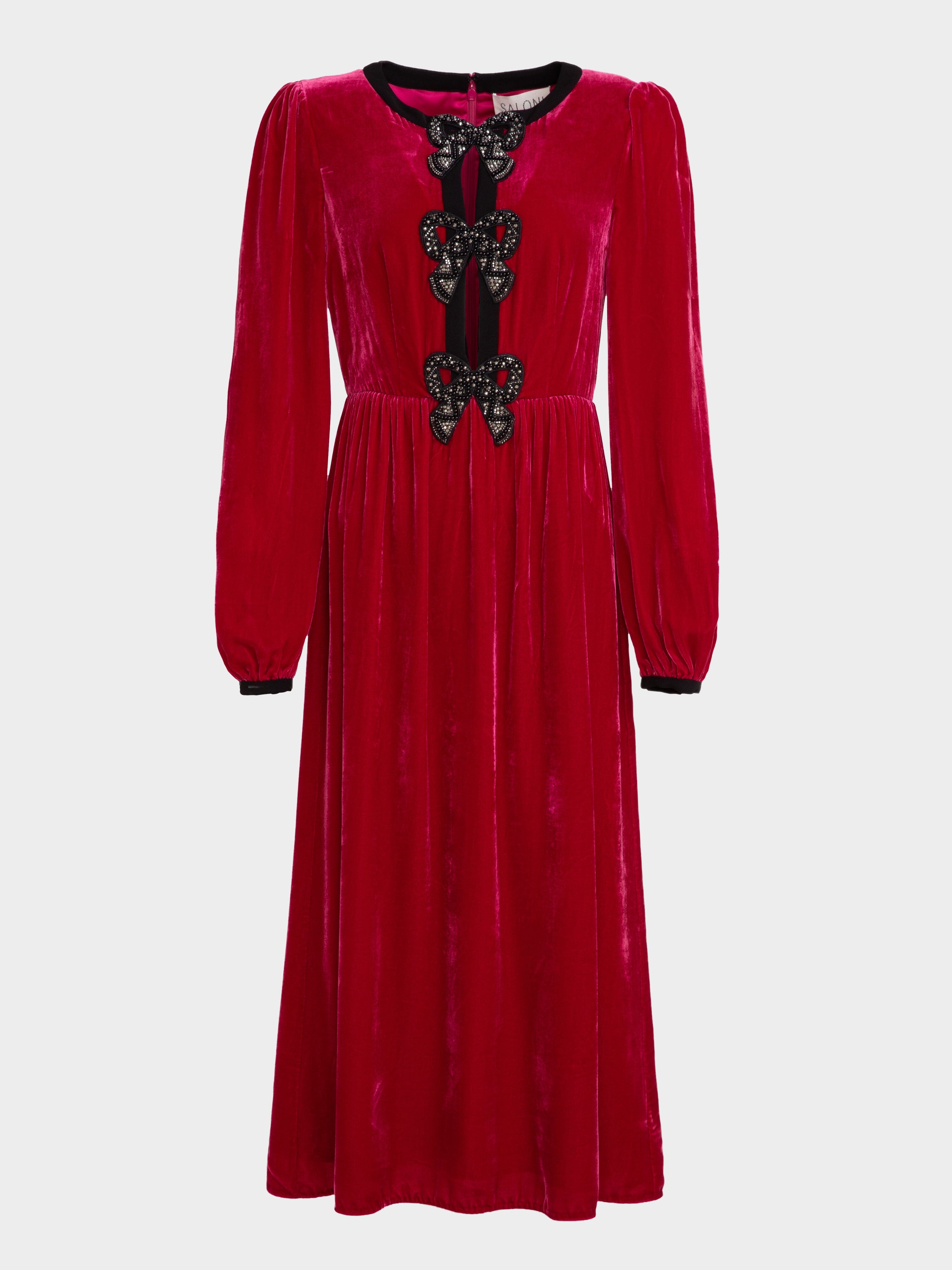 Camille Velvet Embellished Bows Dress in Magenta