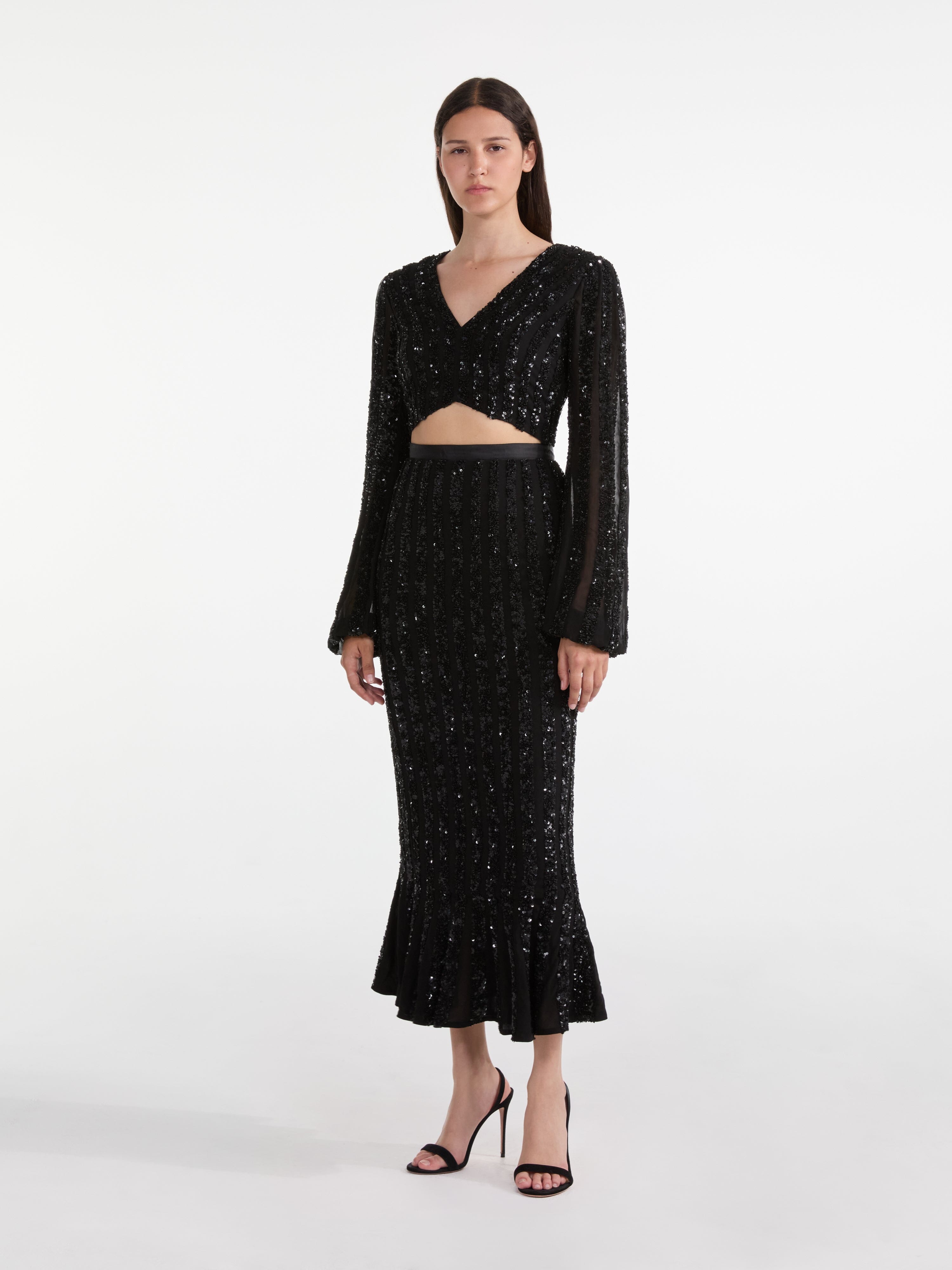 Camille Crop Top in Black Sequin Embroidery
