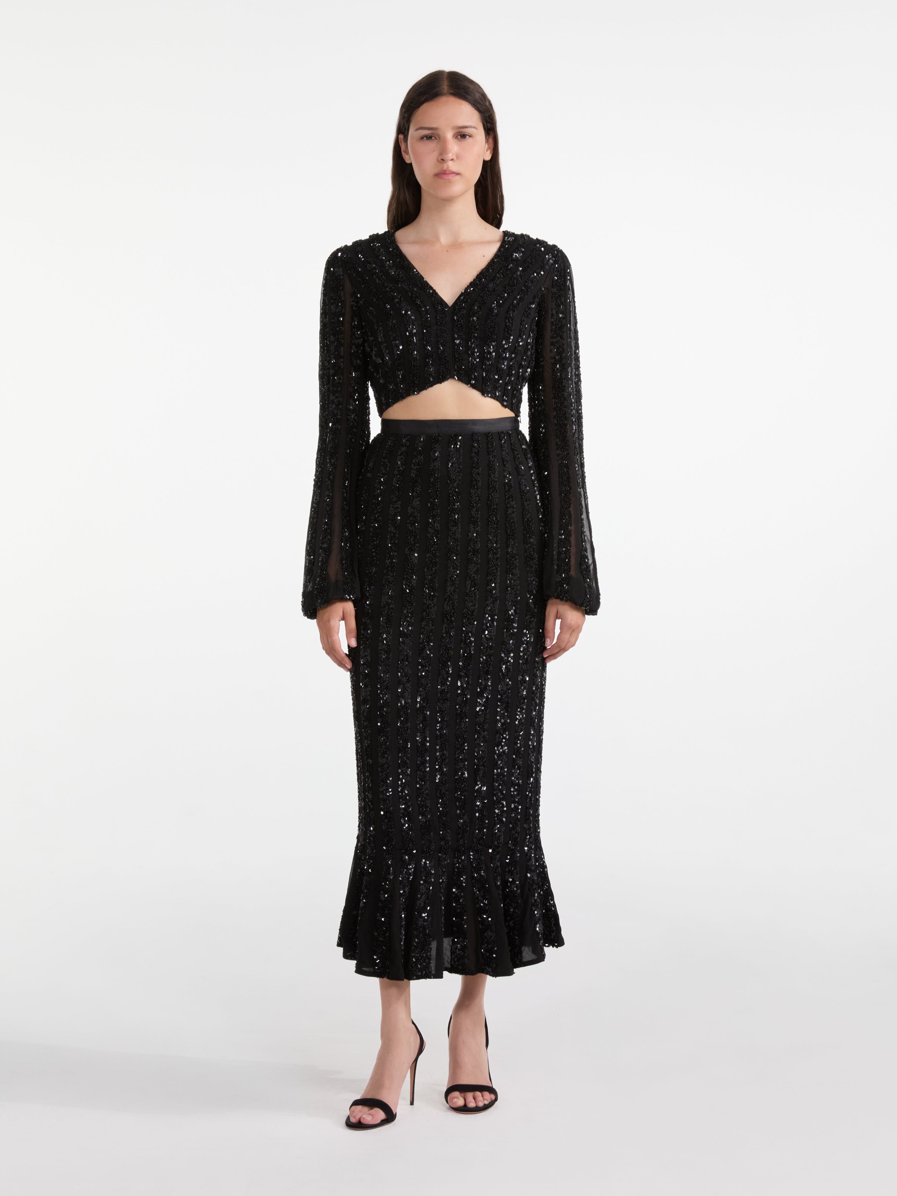 Camille Crop Top in Black Sequin Embroidery