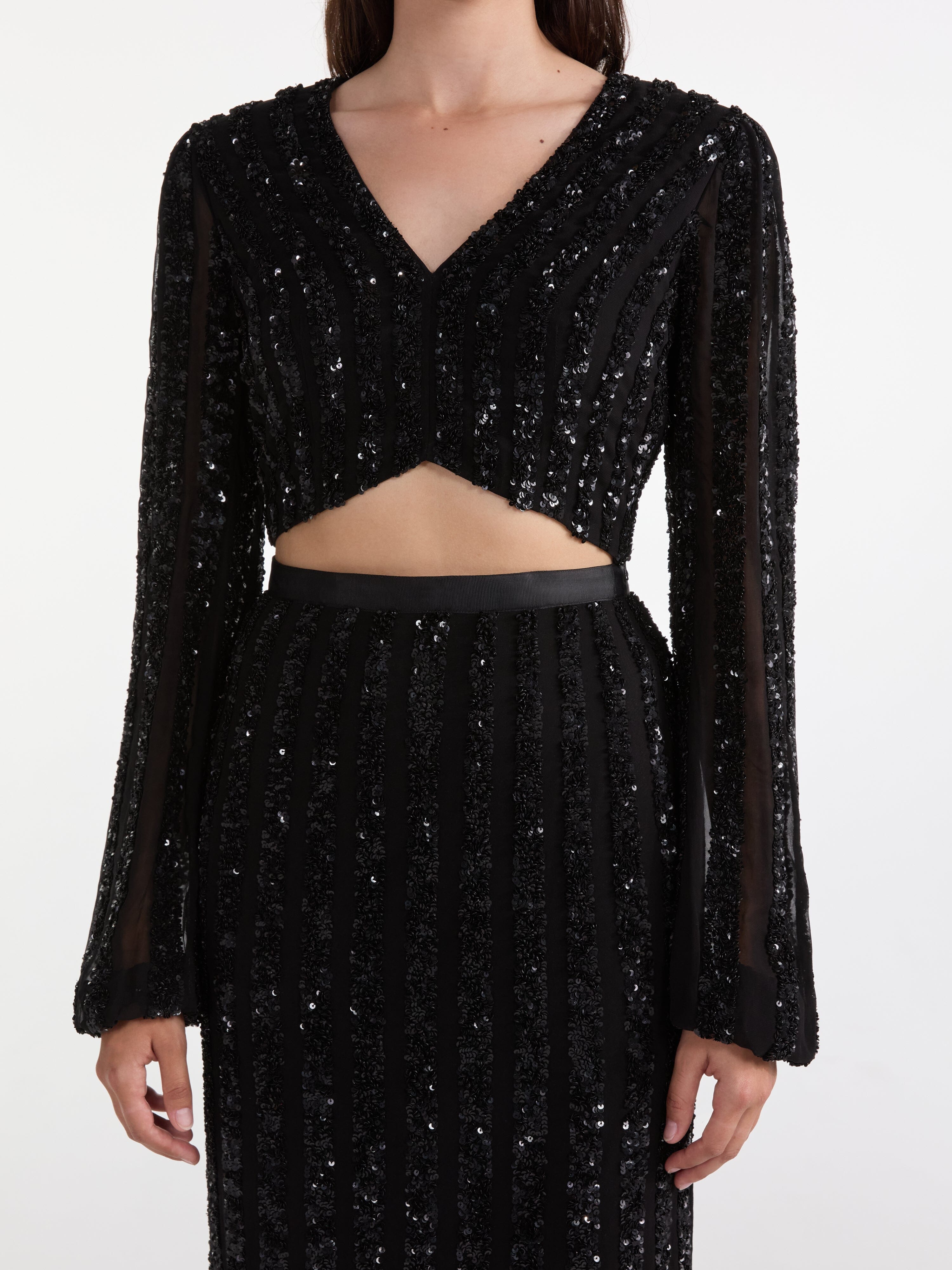 Camille Crop Top in Black Sequin Embroidery