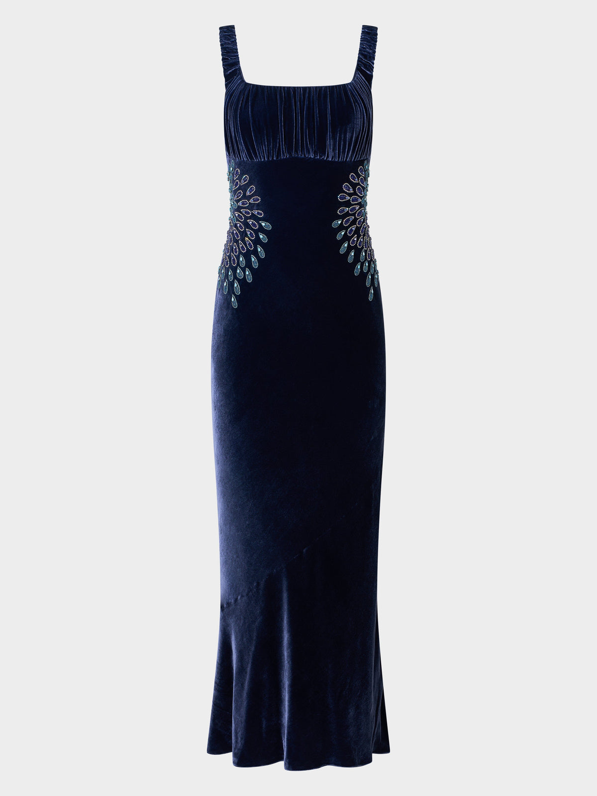 Navy velvet square neck embroidered maxi dress