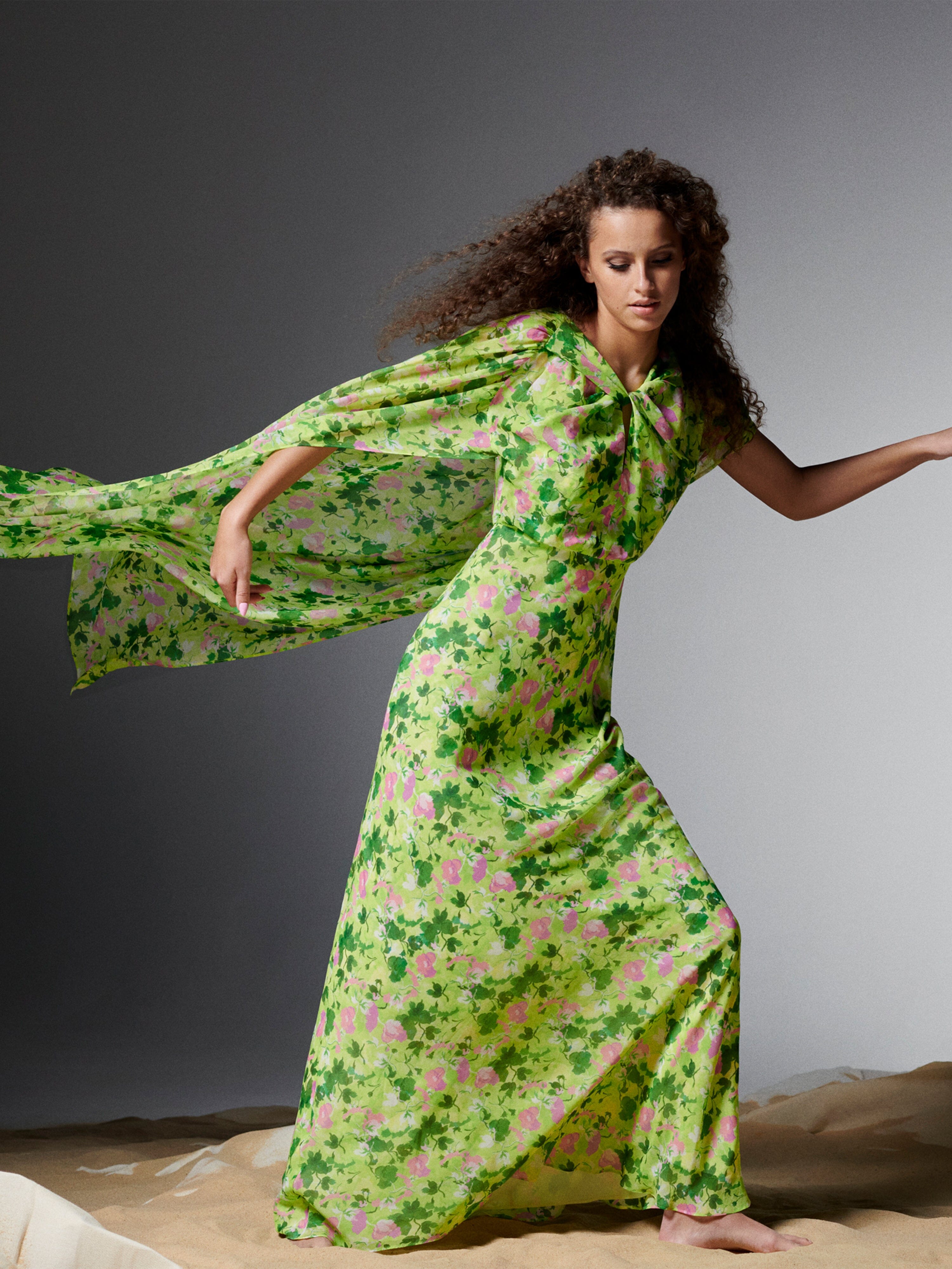 Claudia Cape Dress in Poppies Lime – SALONI - Main Image