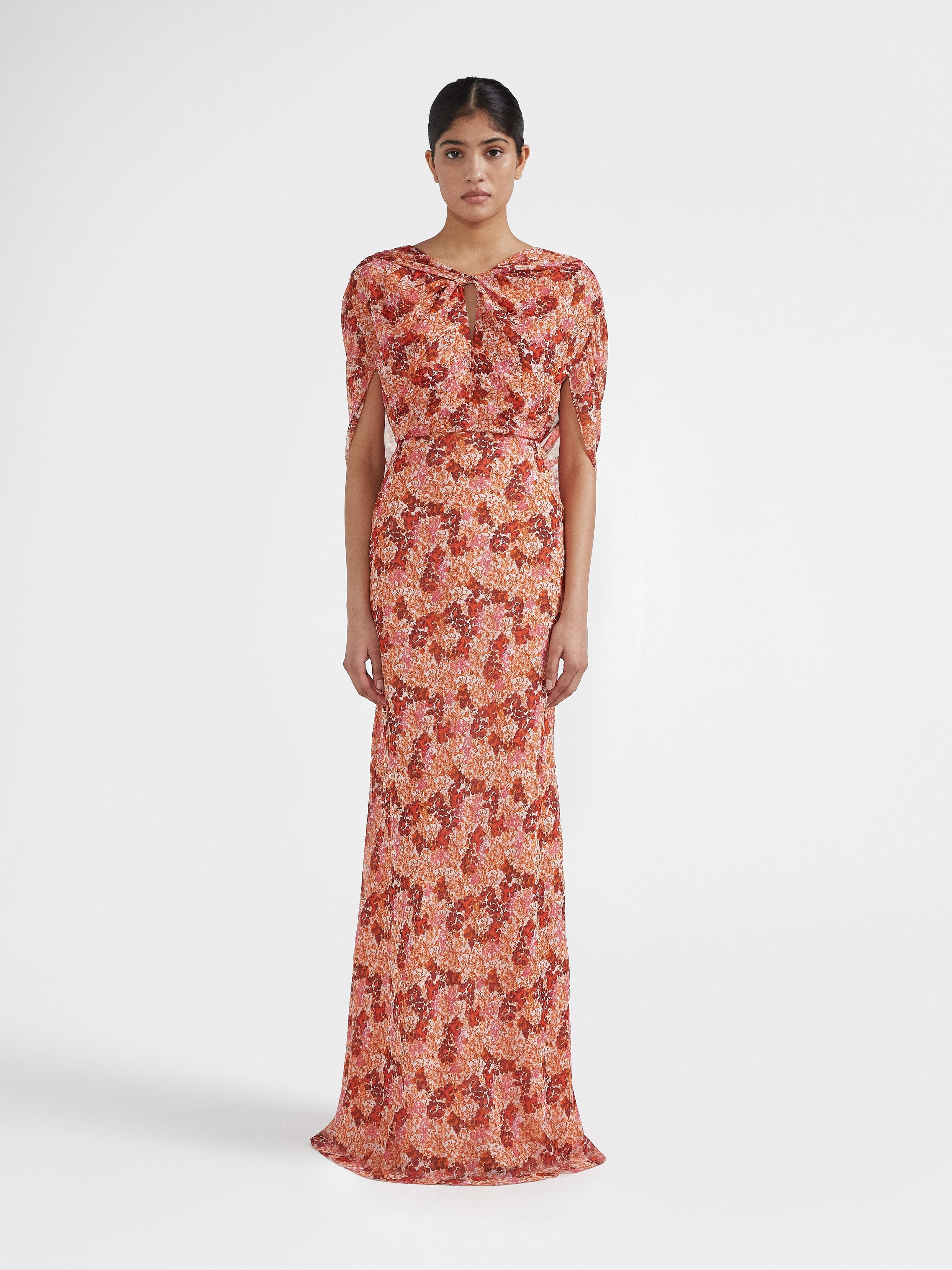 Claudia Cape Dress in Florentina Mandarin – SALONI