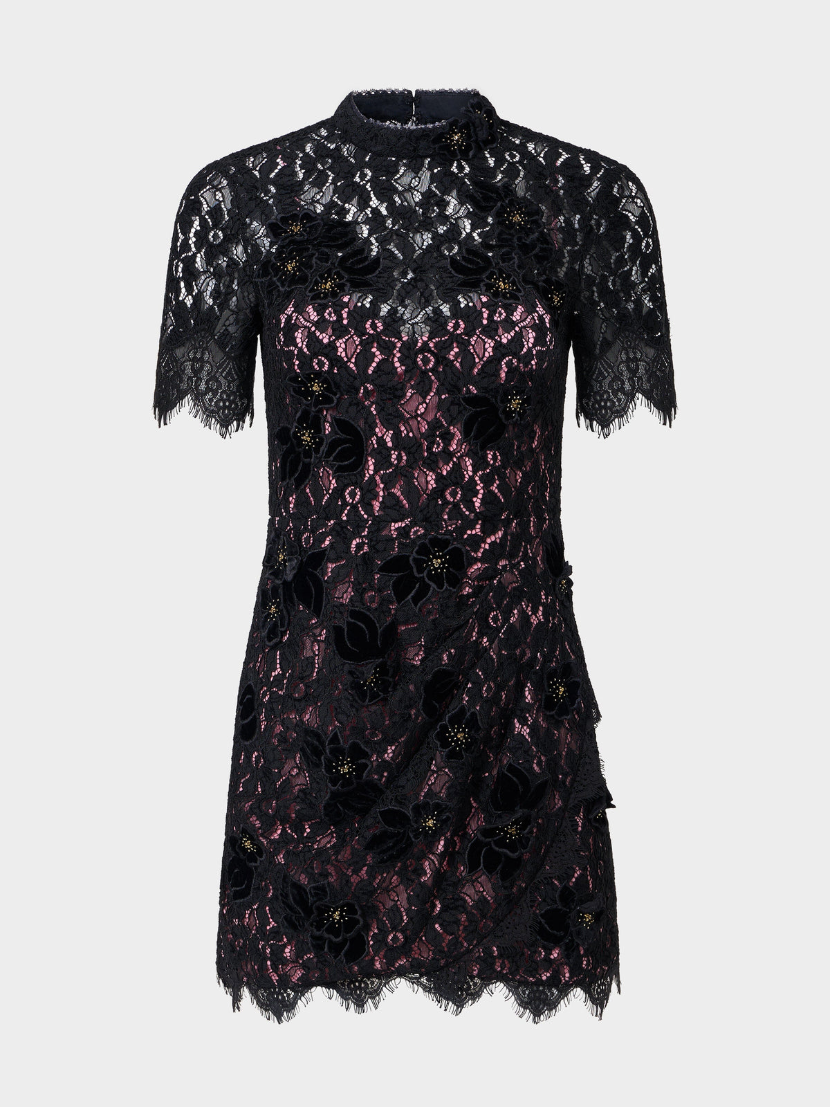 Black lace short sleeve round collar mini dress
