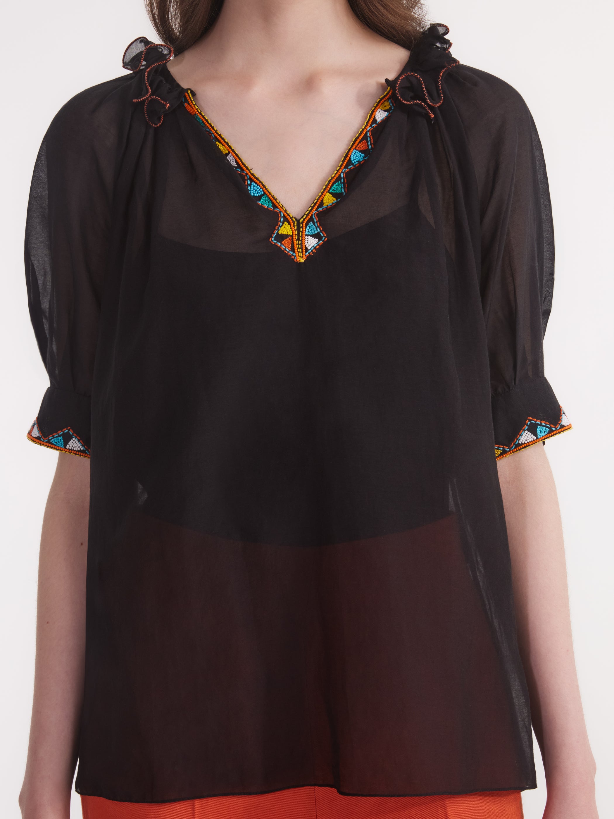 Josie Top in Black with Geo Embroidery