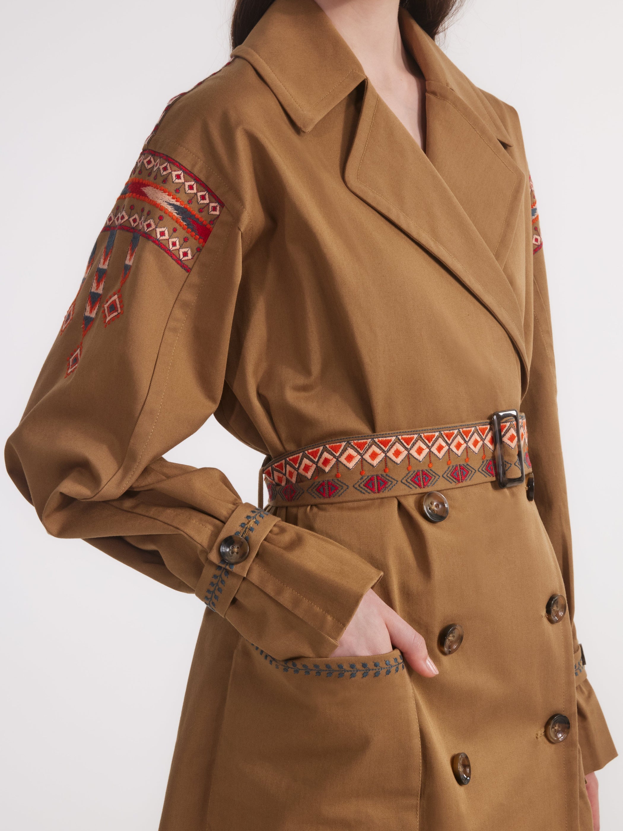 Khaki Trench With Ikat Embroidery