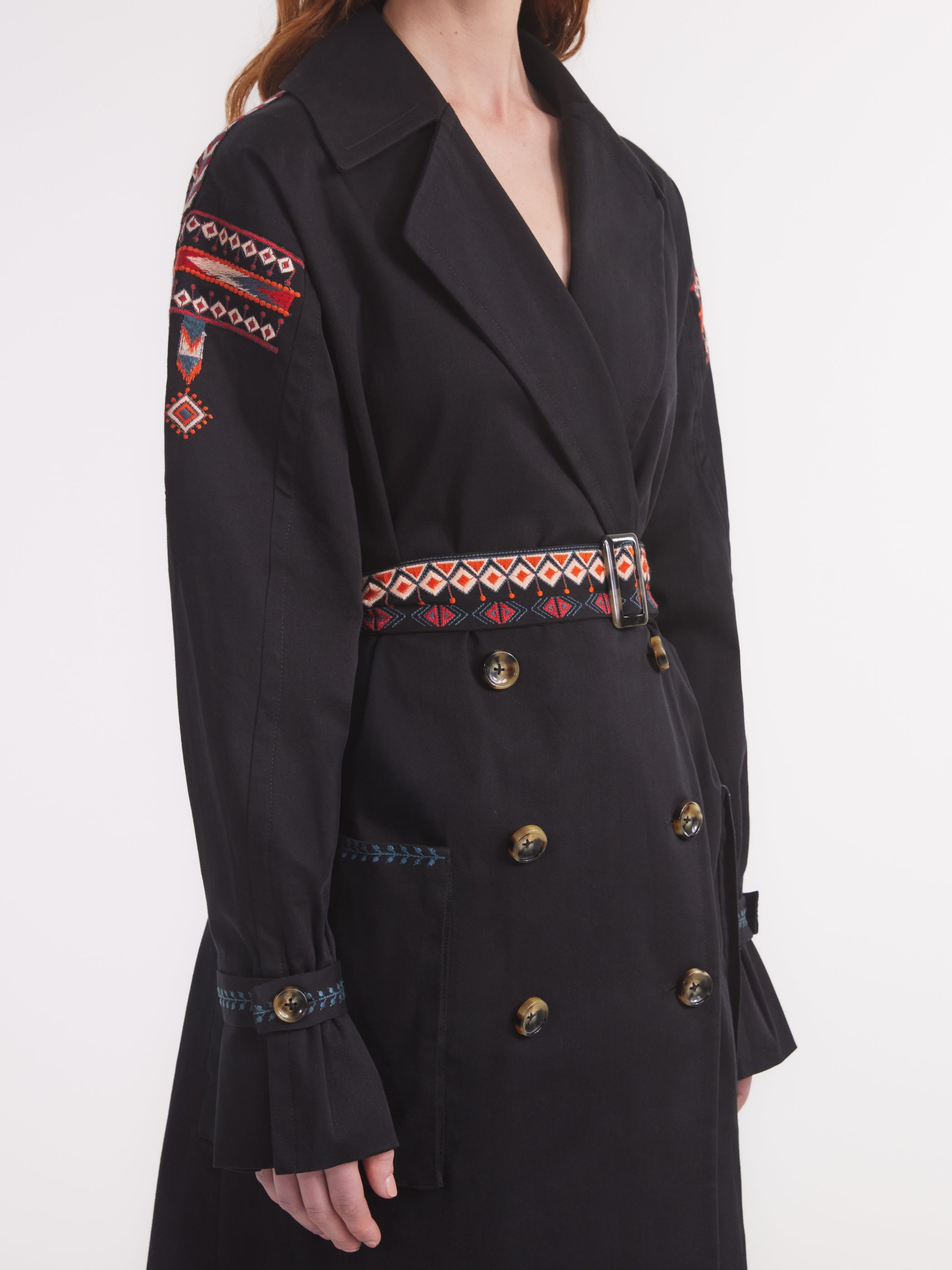 Black Trench With Ikat Embroidery