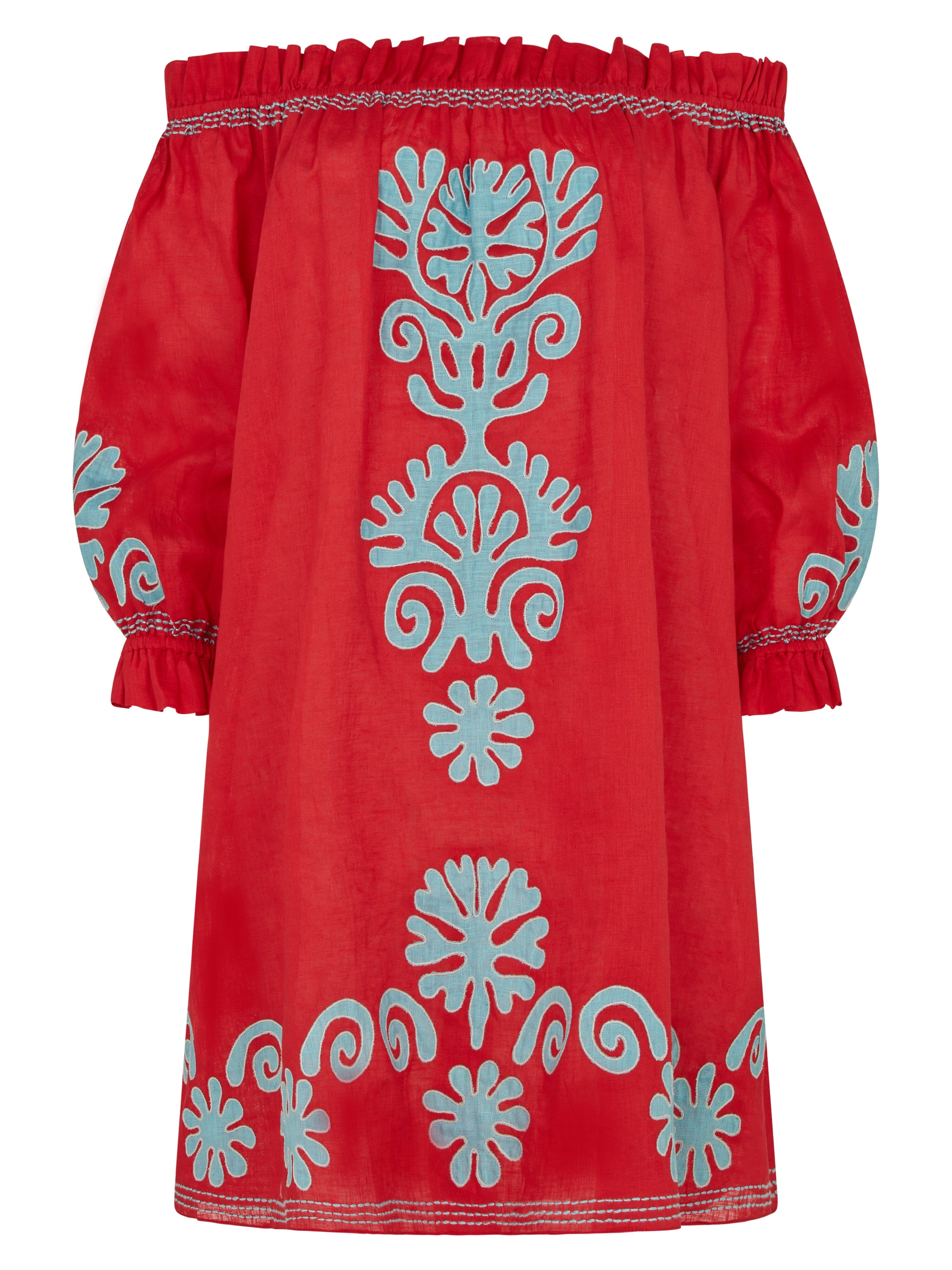 Gaby Short Dress in Cherry Red with Sky Embroidery