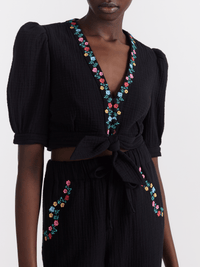 Jamie Tie Top in Black with Flowers Embroidery