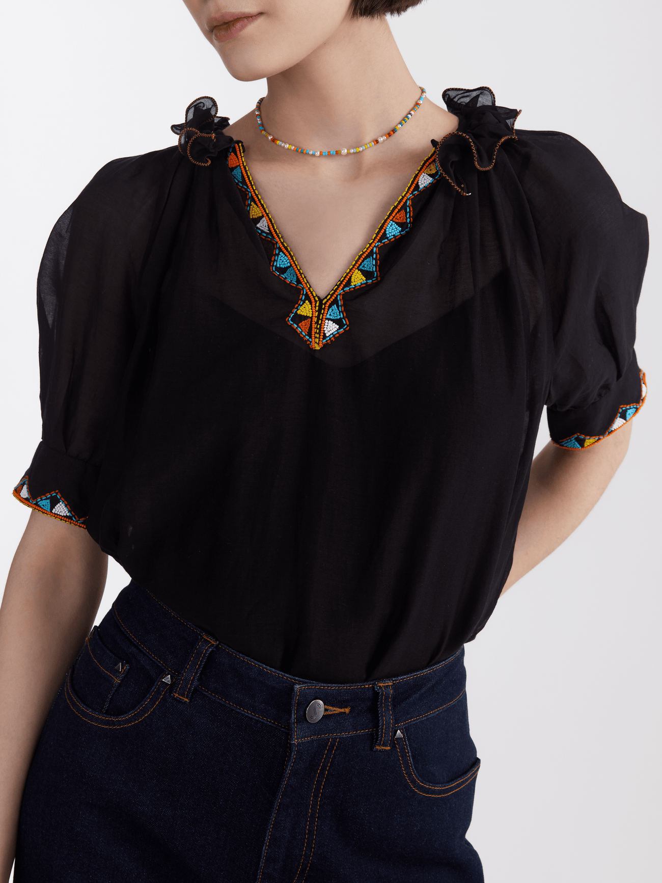 Load image into Gallery viewer, Josie Top in Black with Geo Embroidery