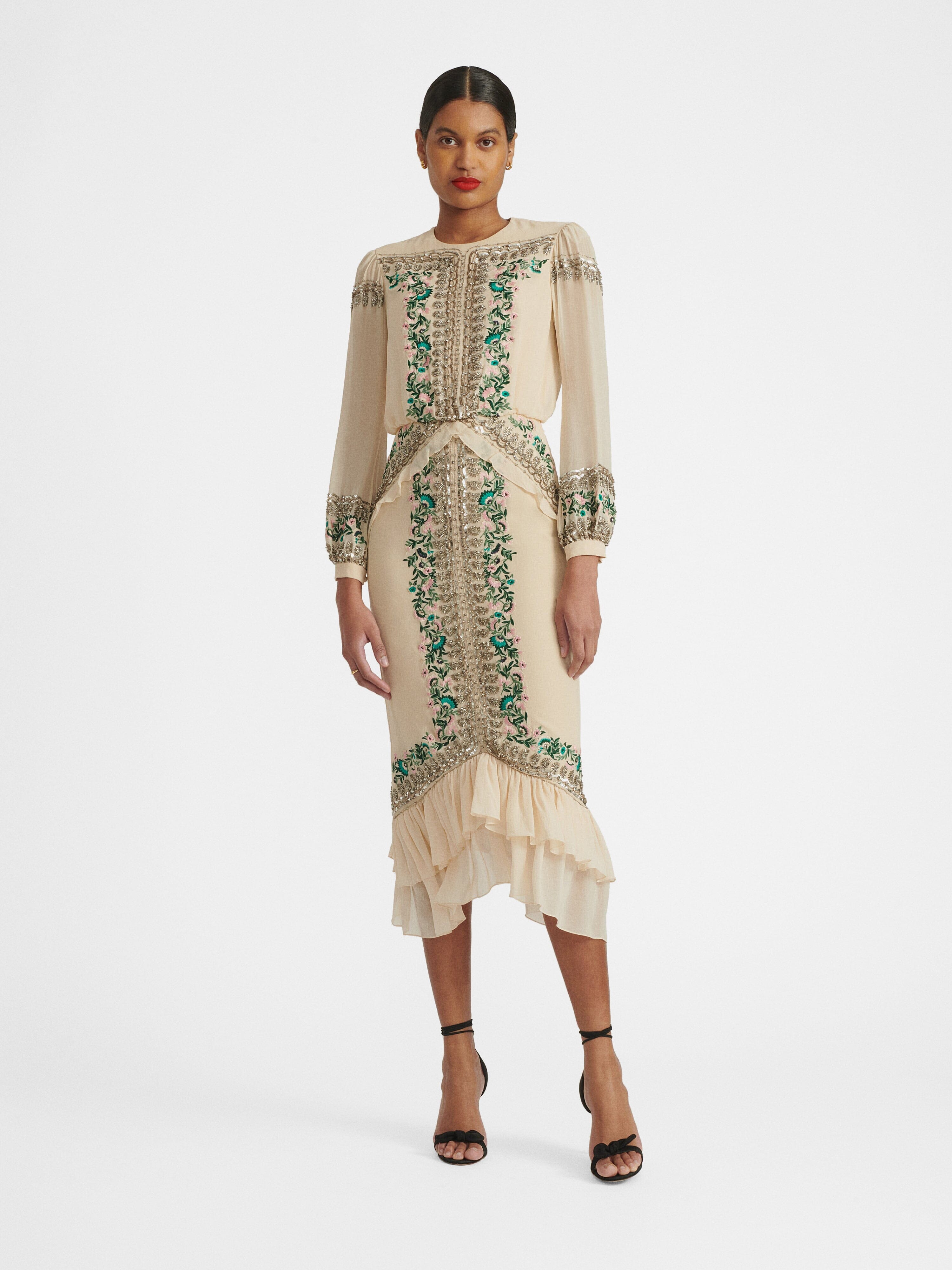 Isa Silk B Dress in Cream Garden Embroidery