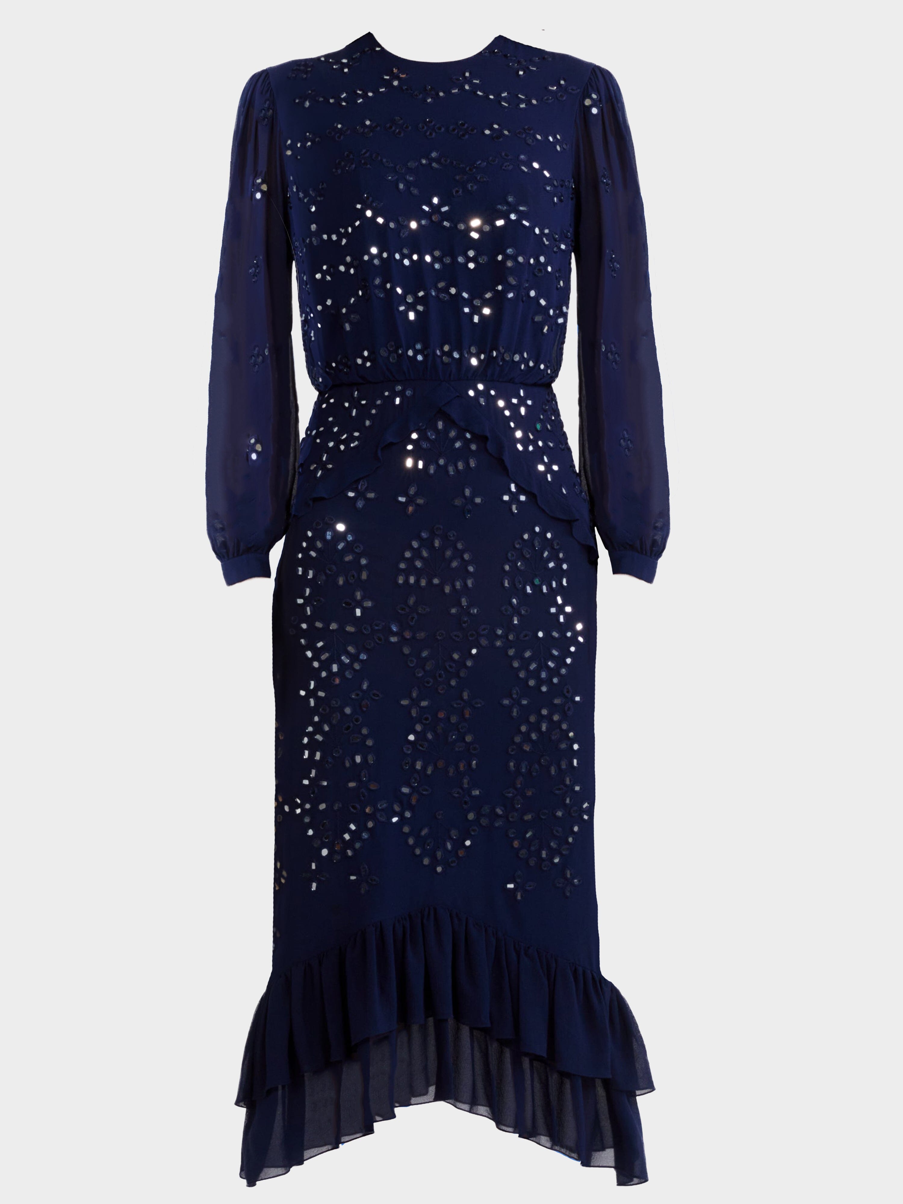 Venyx Isa Silk B Dress in Navy Ornate Mirror Embroidered