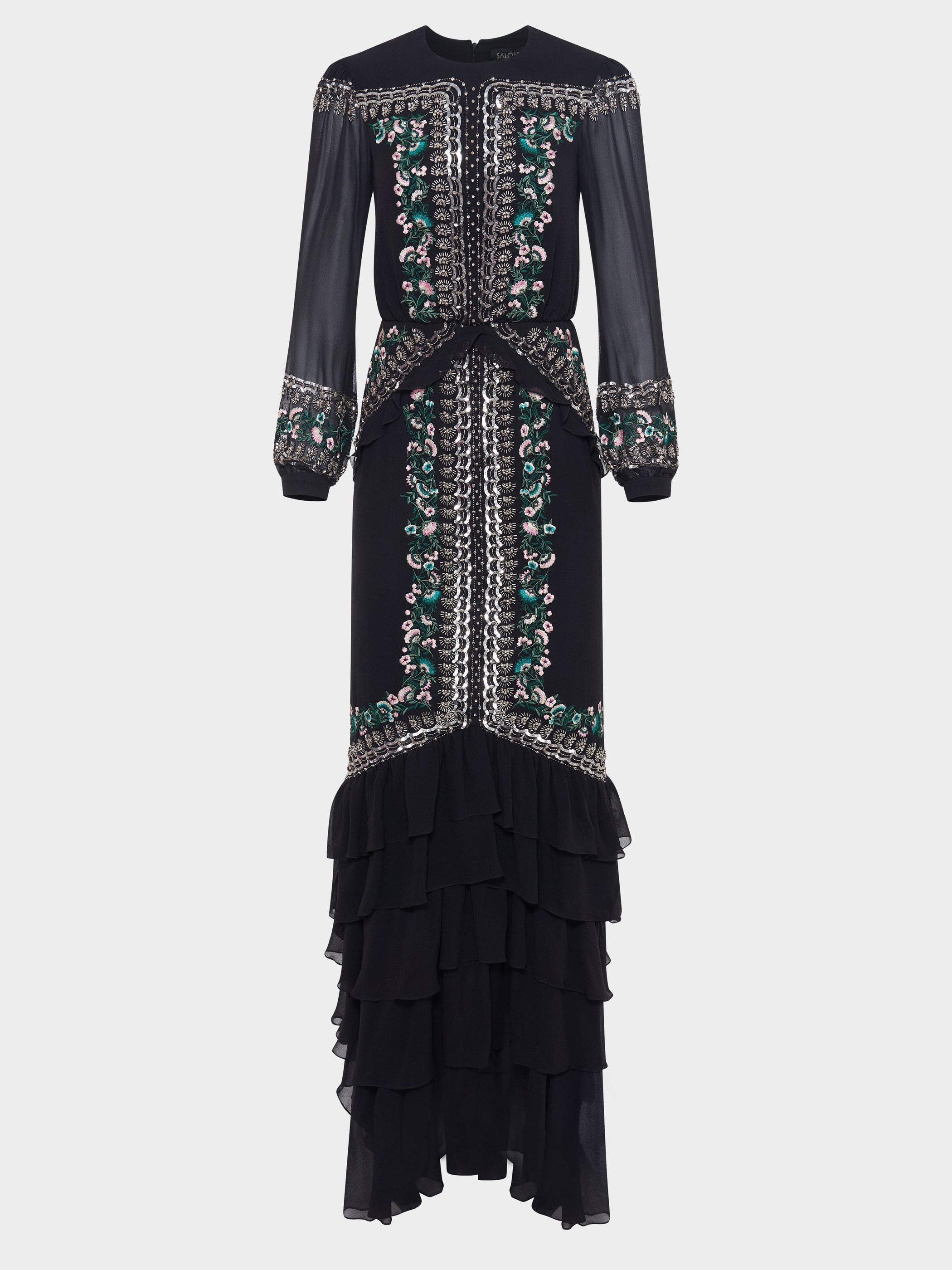 Isa Long C Dress Black Botanic Embroidery