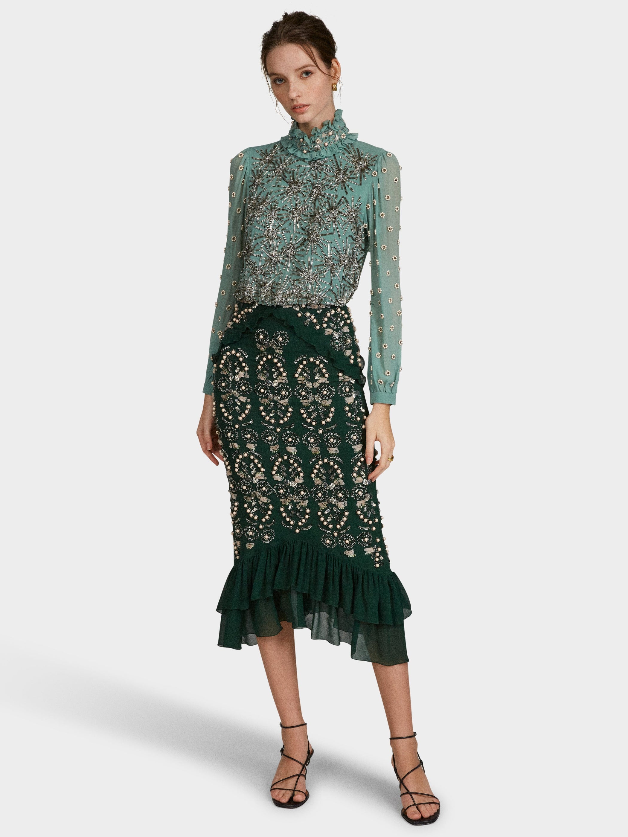 Isa Silk B Dress in Jade Green Embroidered