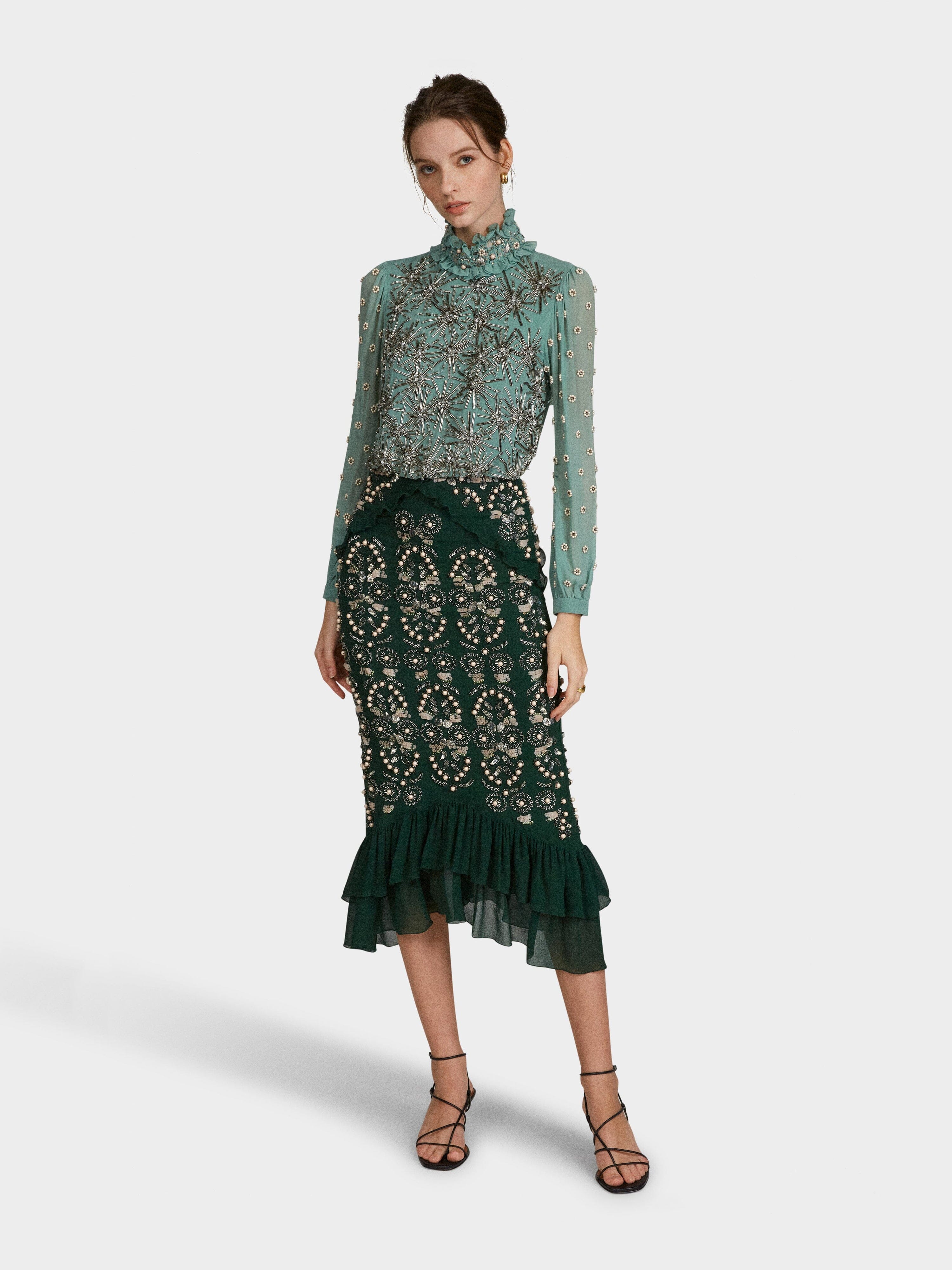 Saloni London - Isa Silk B Dress in Jade Green Embroidered Saloni London - Isa Silk B Dress in Jade Green Embroidered