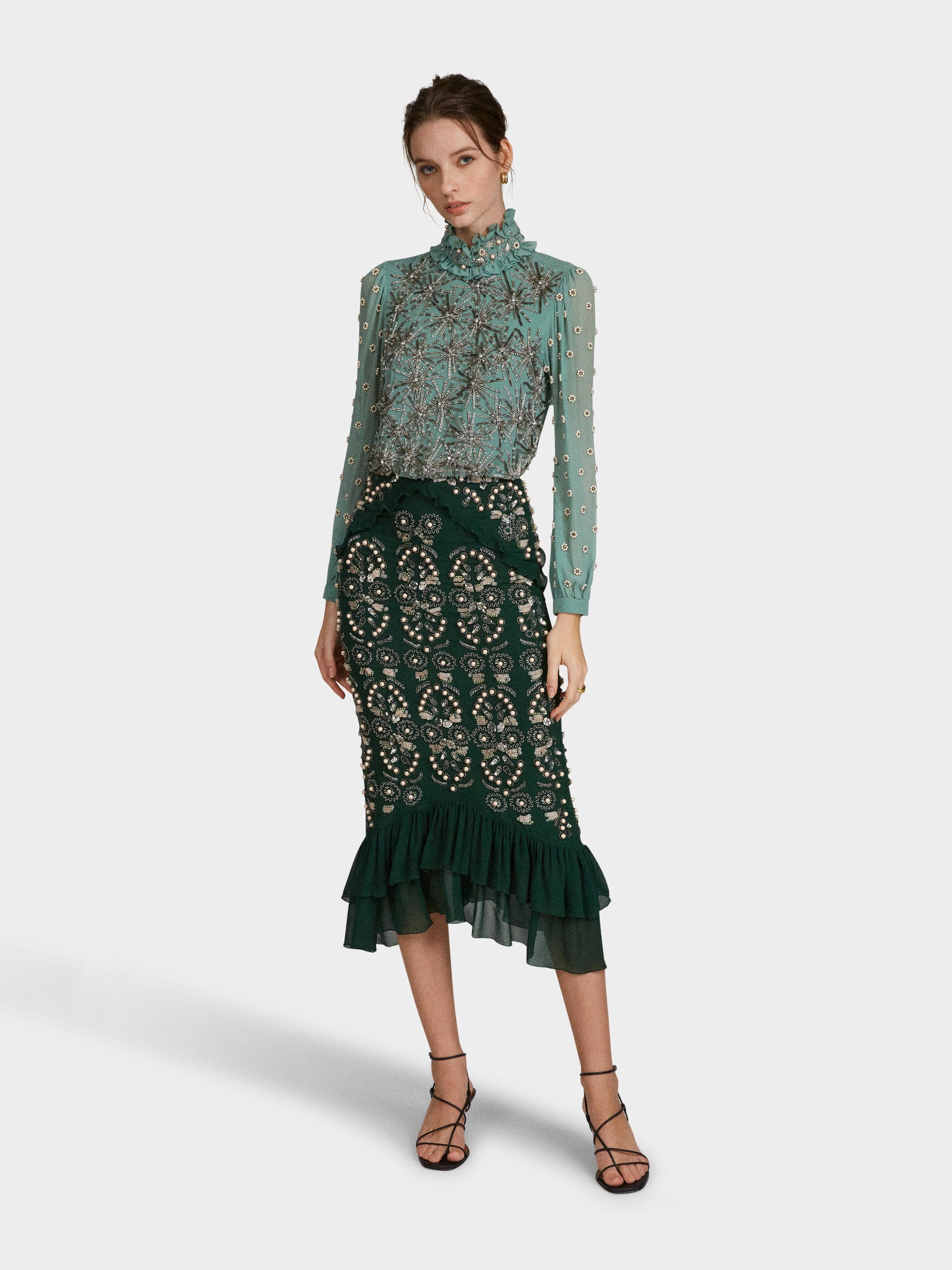 Isa Silk B Dress in Jade Green Embroidered