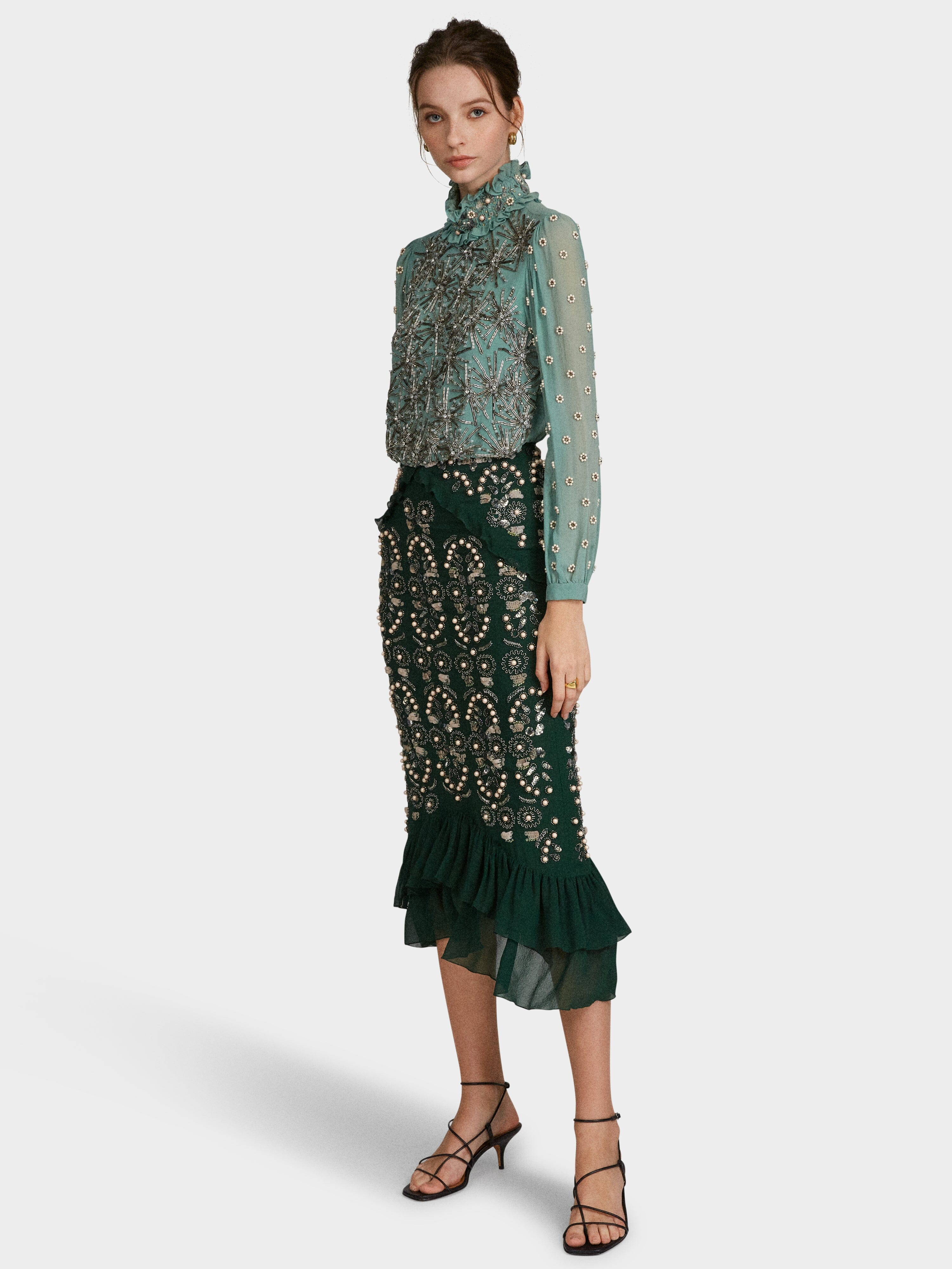 Isa Silk B Dress in Jade Green Embroidered