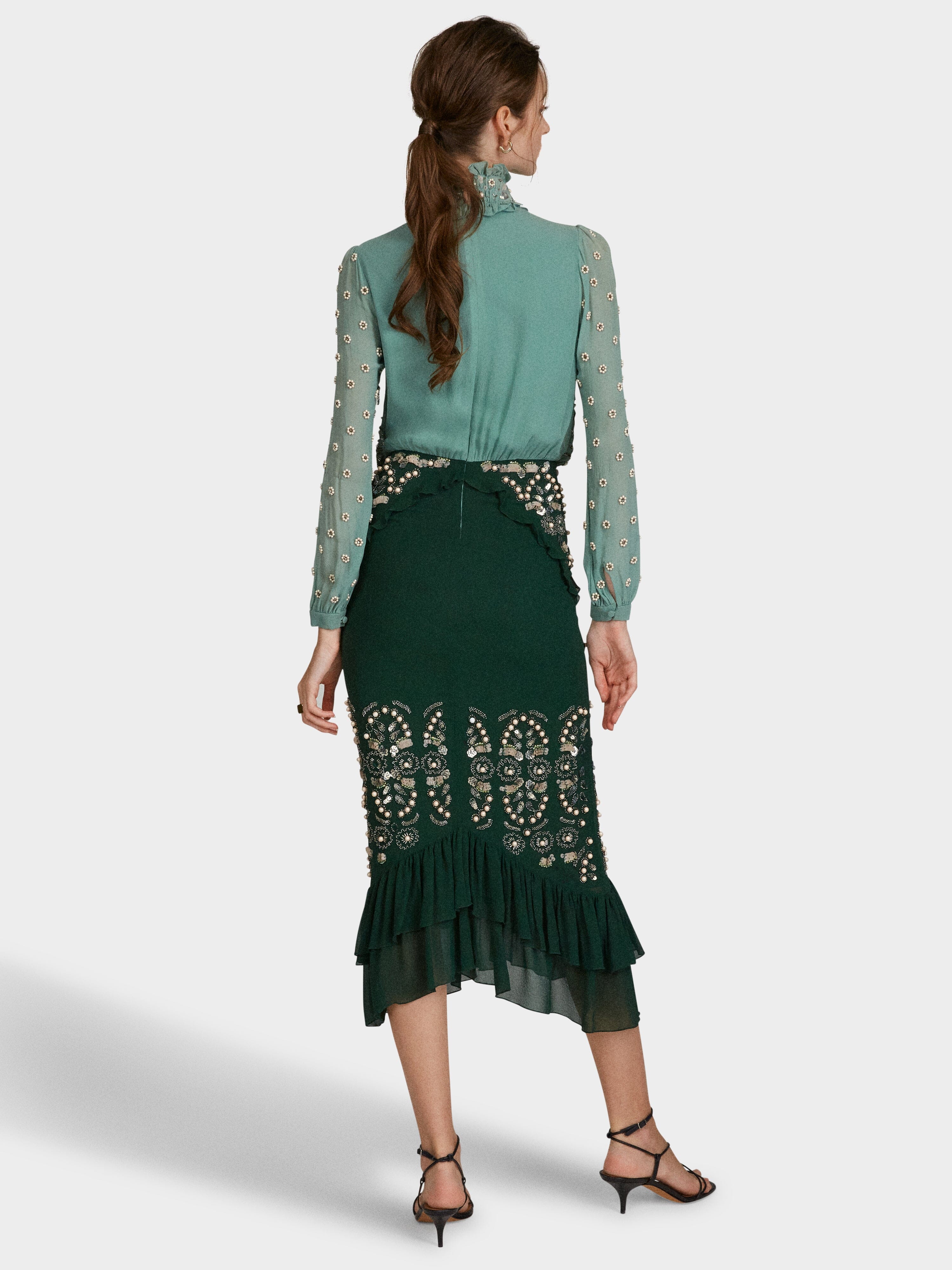 Isa Silk B Dress in Jade Green Embroidered