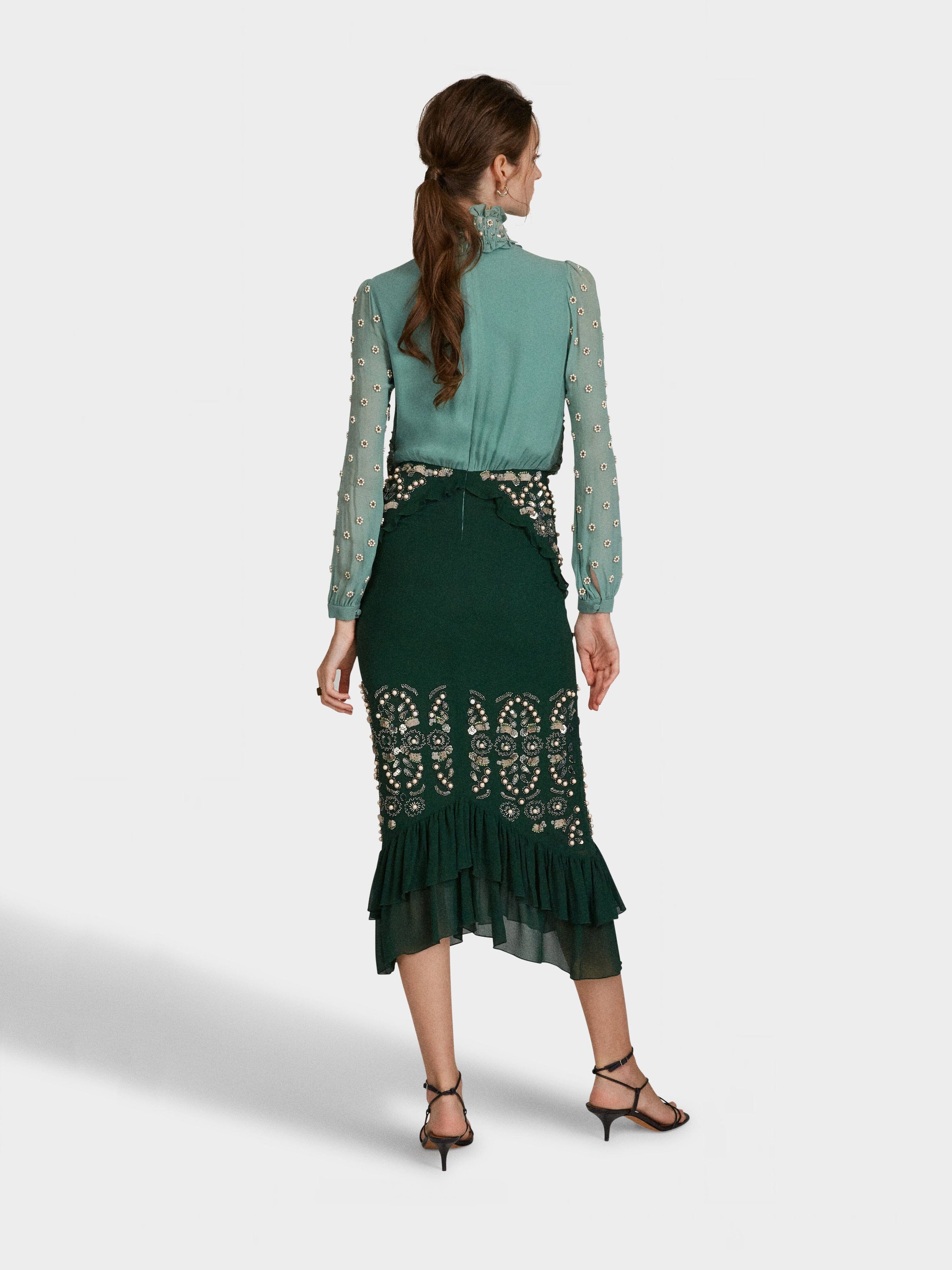 Isa Silk B Dress in Jade Green Embroidered