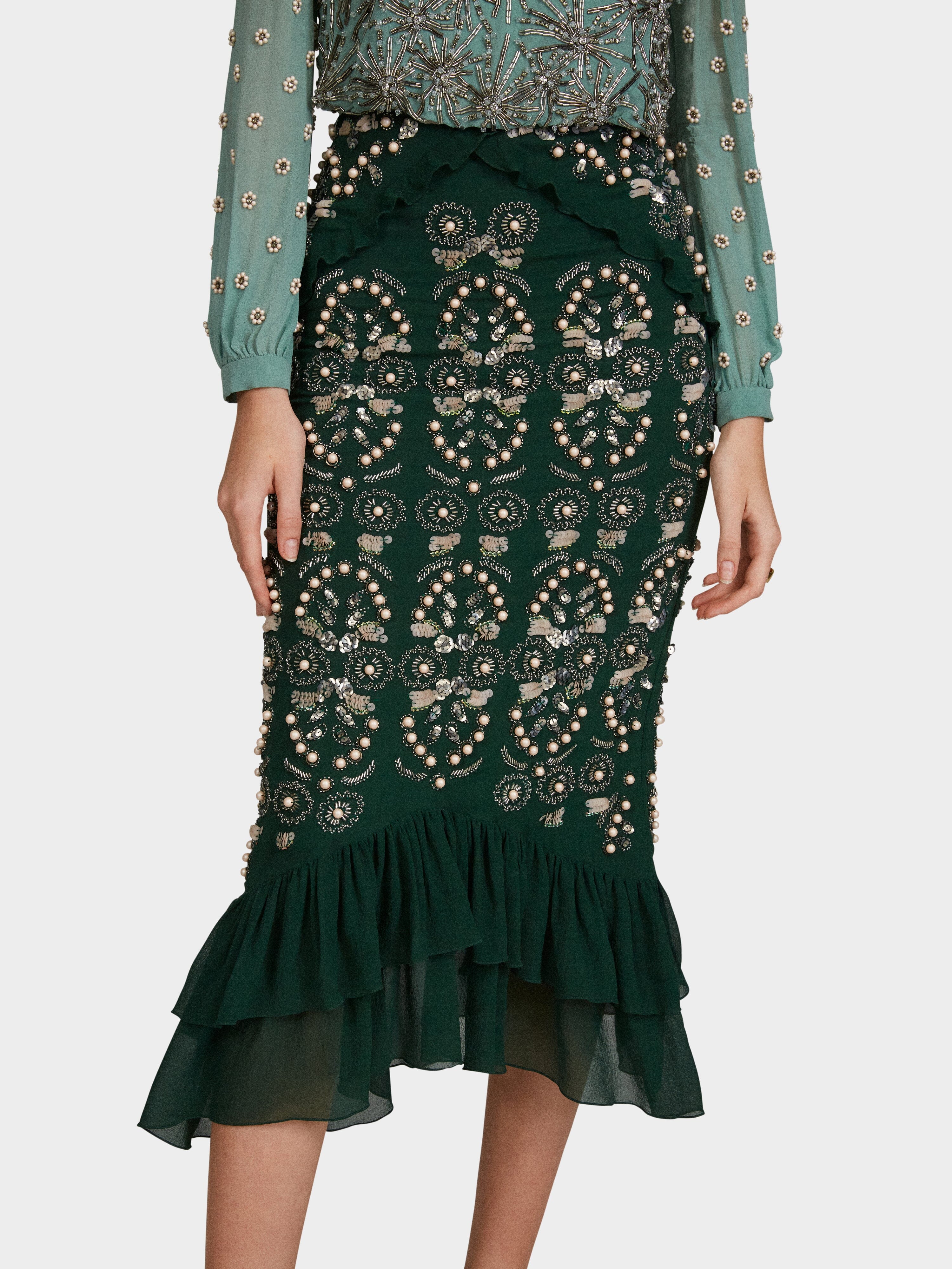 Isa Silk B Dress in Jade Green Embroidered