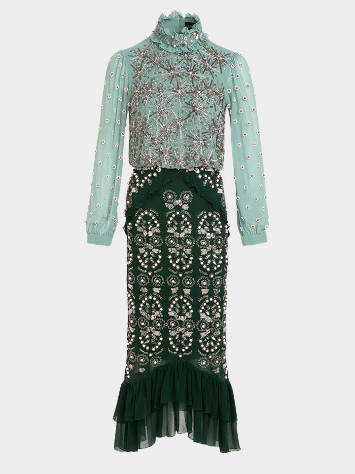 Isa Silk B Dress in Jade Green Embroidered