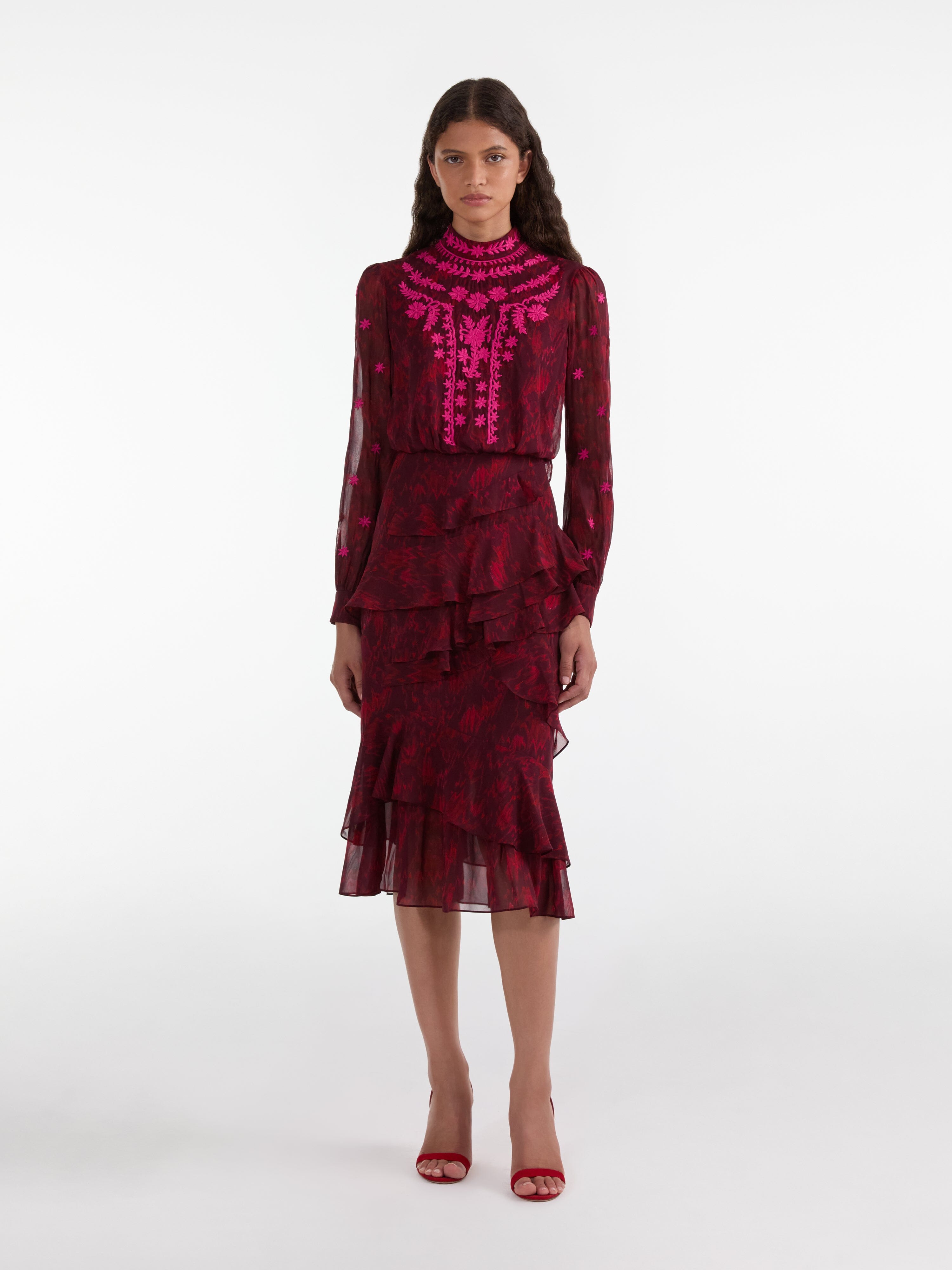 Isa Ruffle in Astilbe Burgundy Embroidery