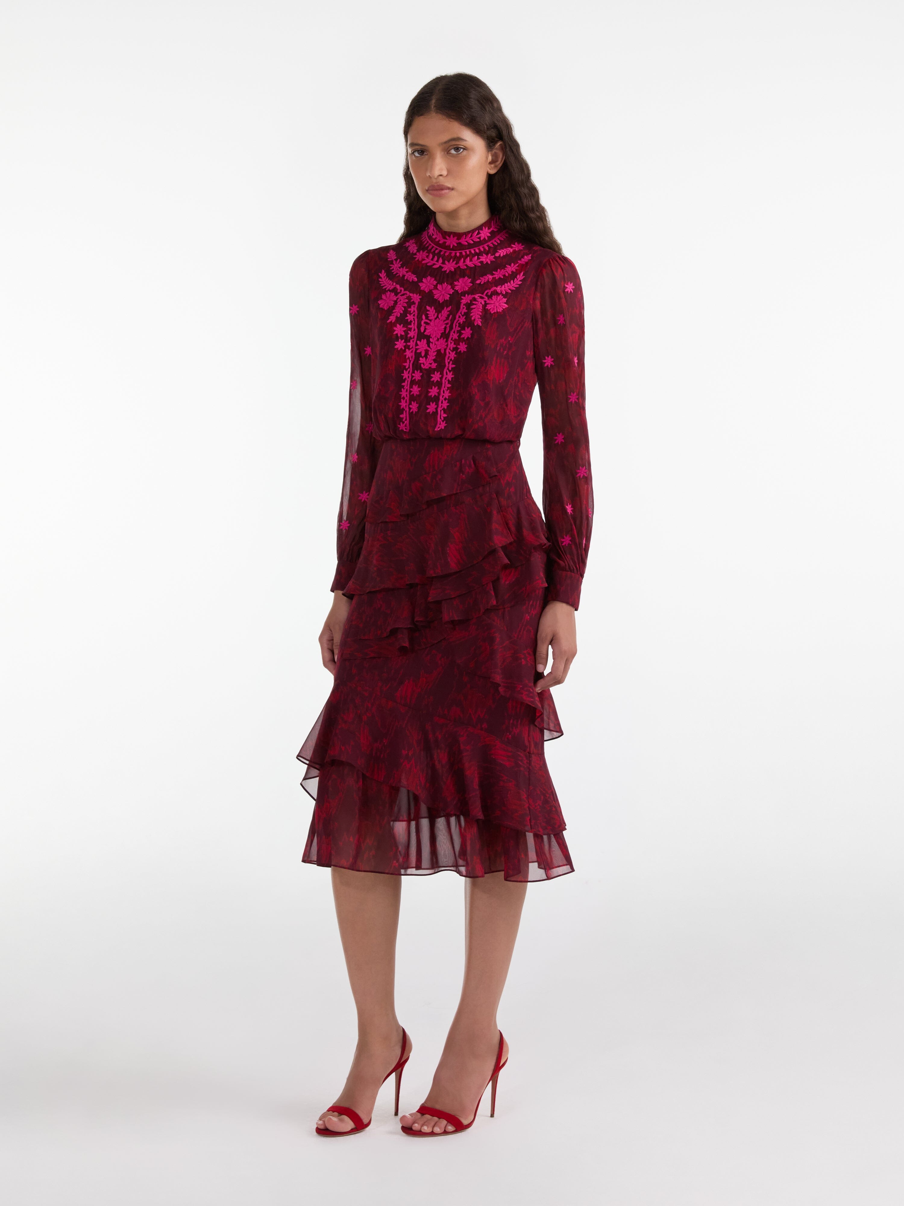 Isa Ruffle in Astilbe Burgundy Embroidery