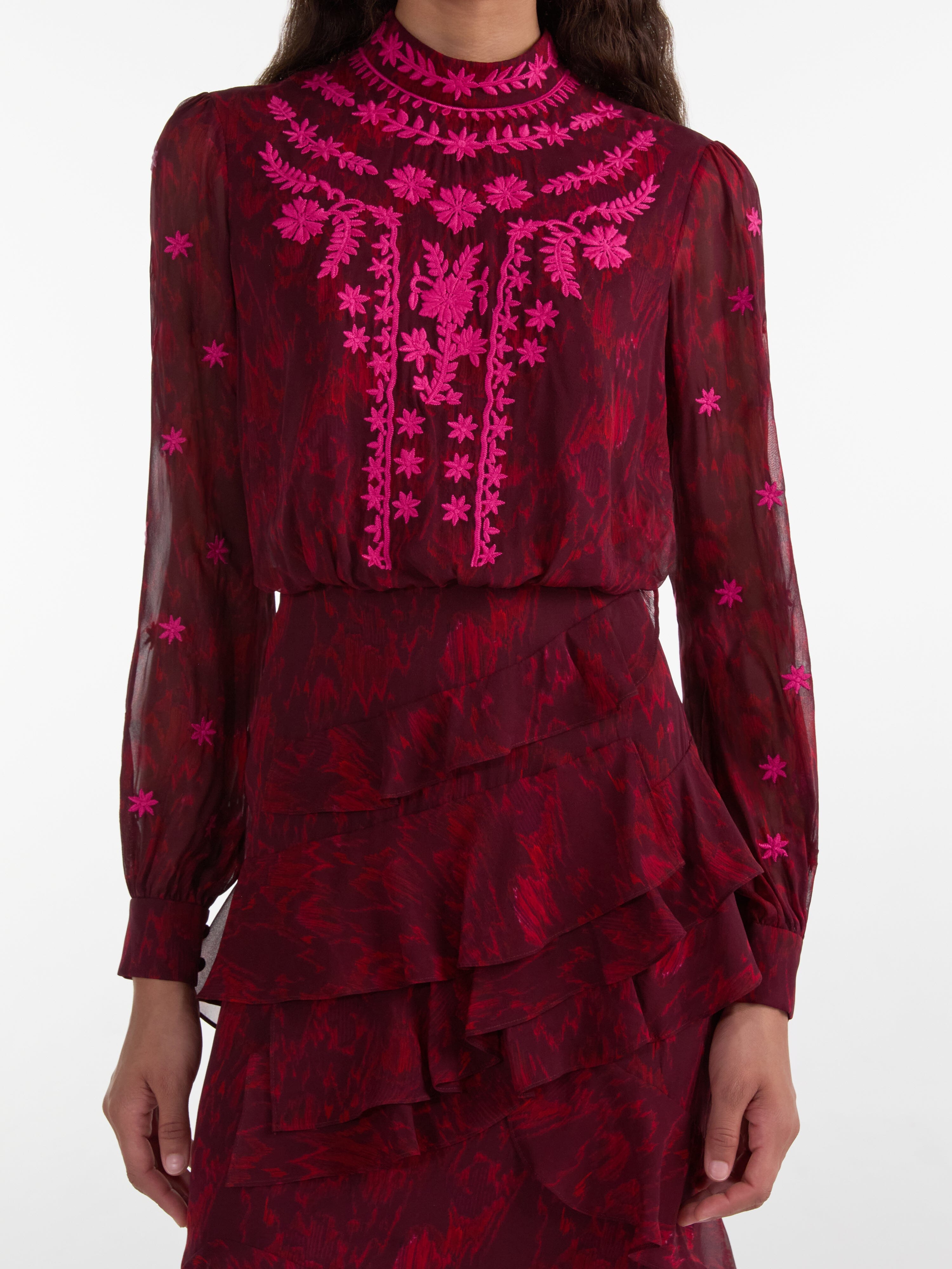 Isa Ruffle in Astilbe Burgundy Embroidery