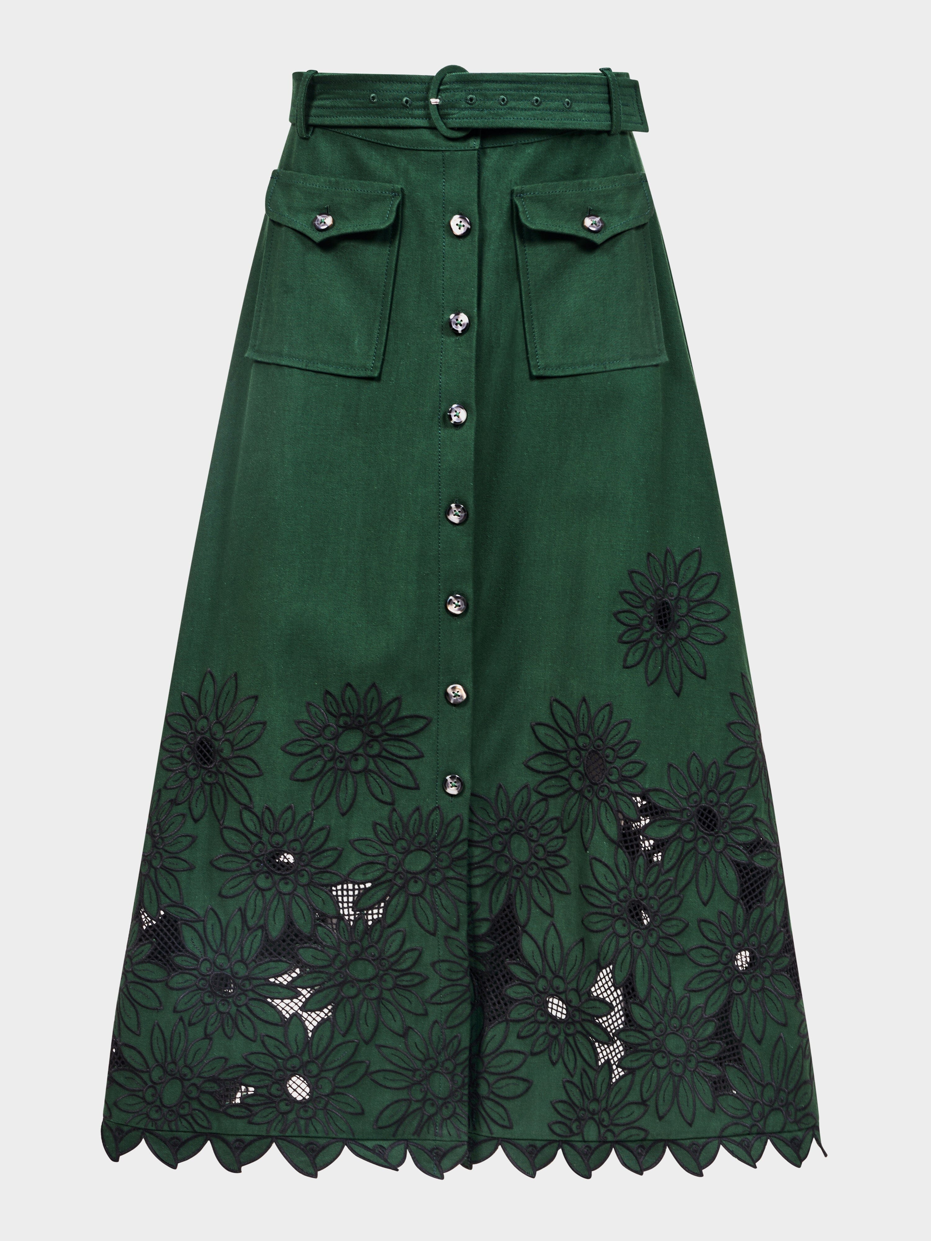 Kali Skirt in Pine Green Daisy Embroidery
