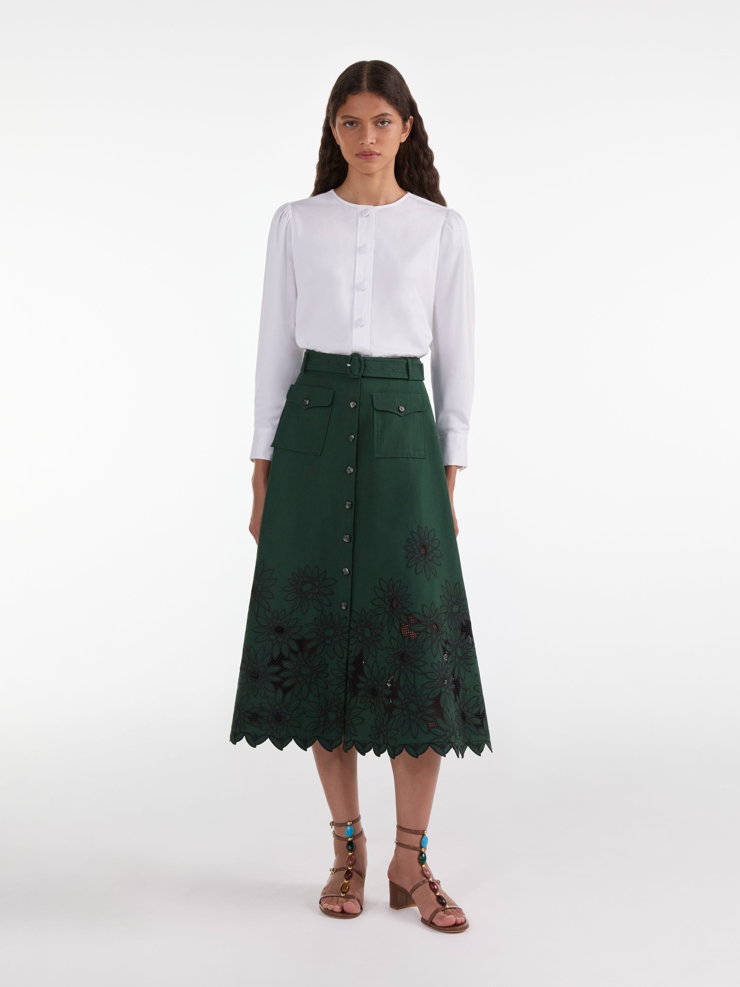 Kali Skirt in Pine Green Daisy Embroidery