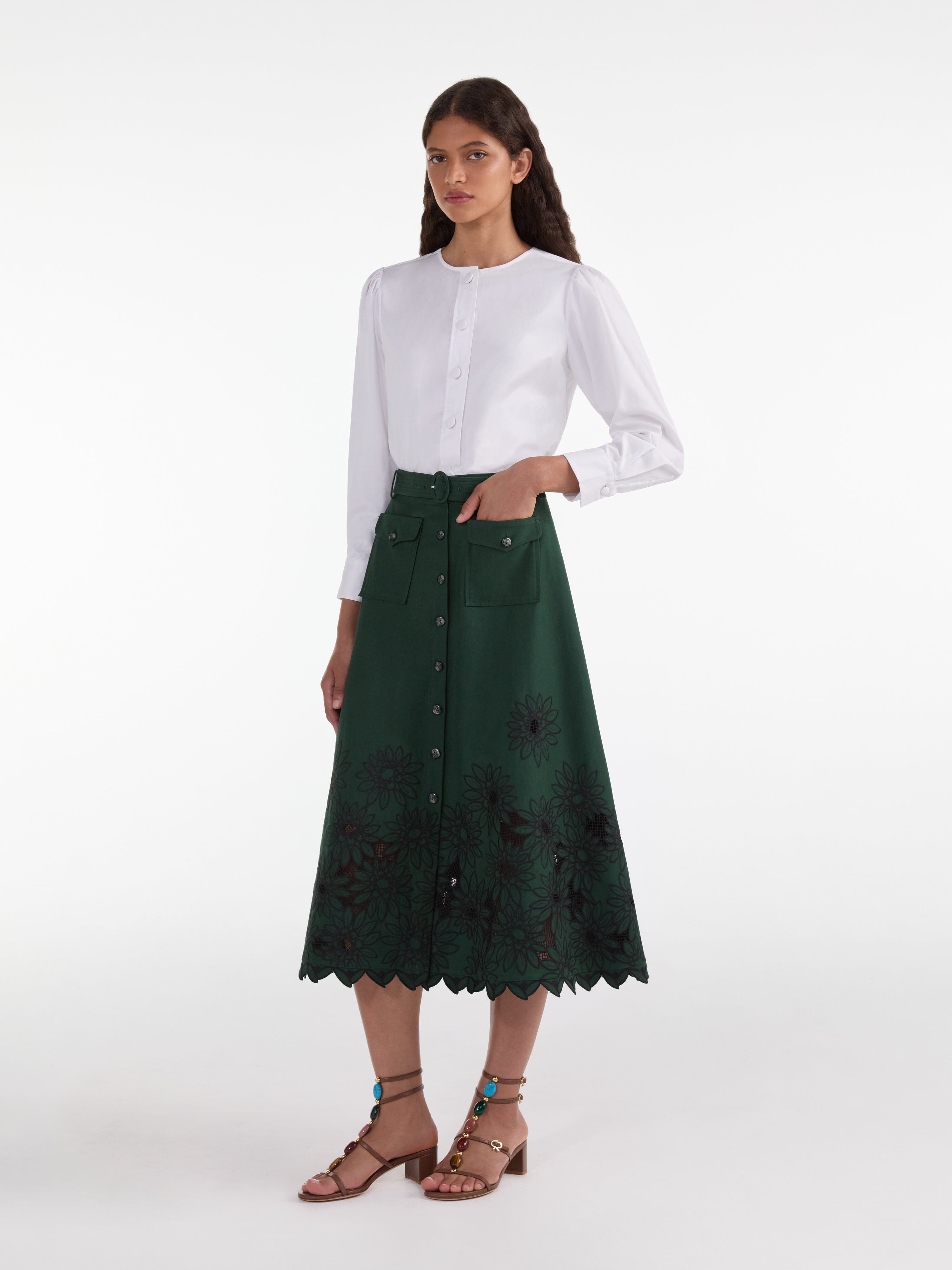 Kali Skirt in Pine Green Daisy Embroidery