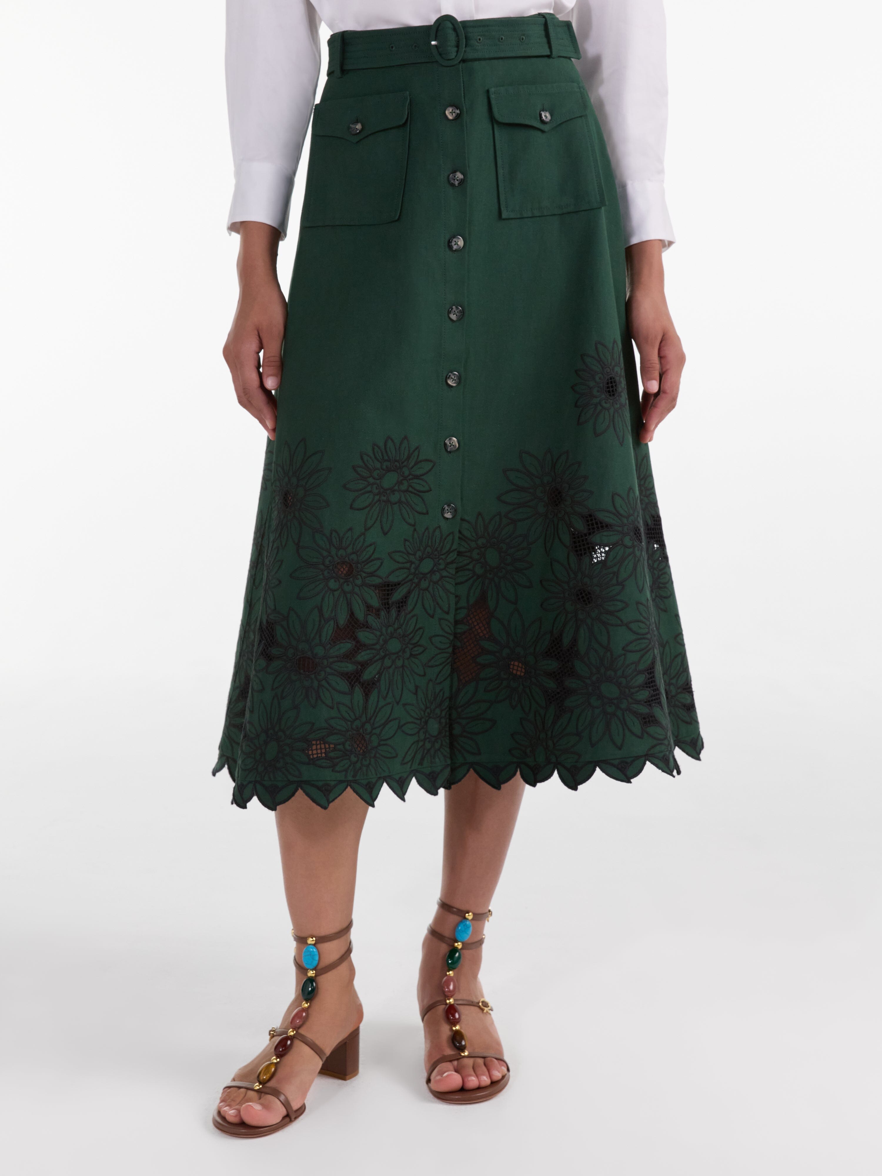 Kali Skirt in Pine Green Daisy Embroidery