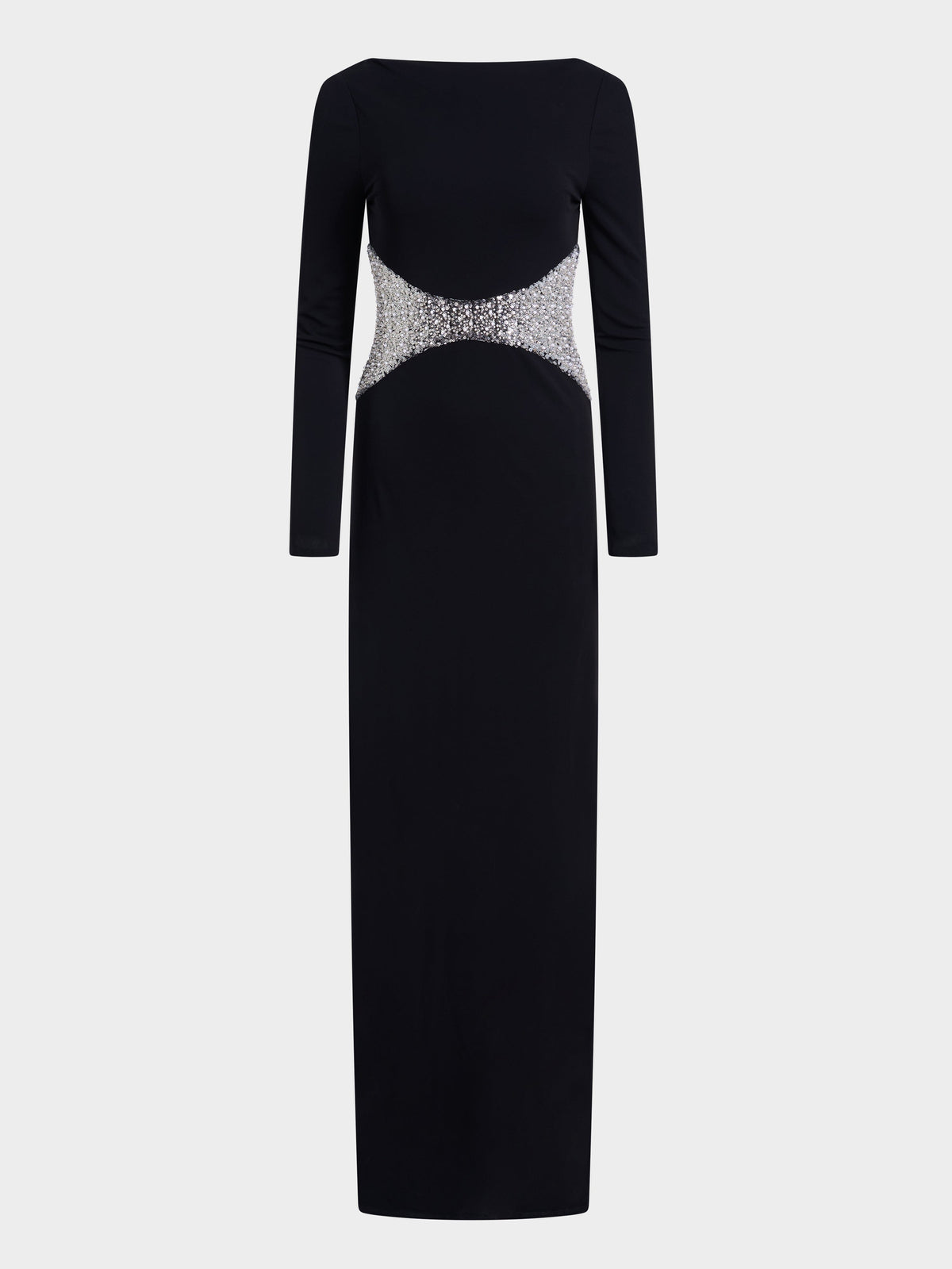 Black long sleeve jersey maxi dress with sequin waist panel