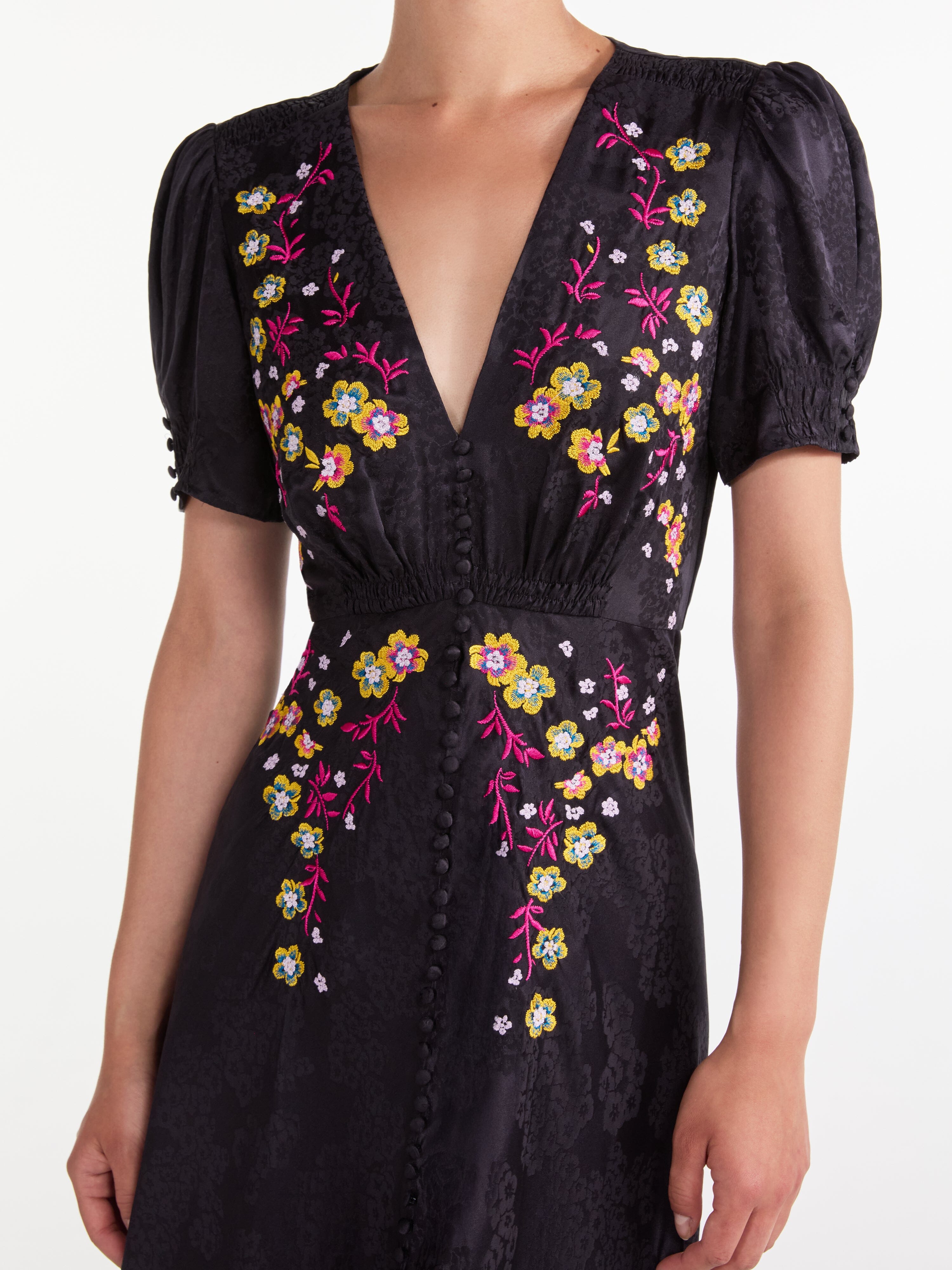 Lea Long Dress in Black Bright Flowers Embroidery Lea Long Dress in Black Bright Flowers Embroidery