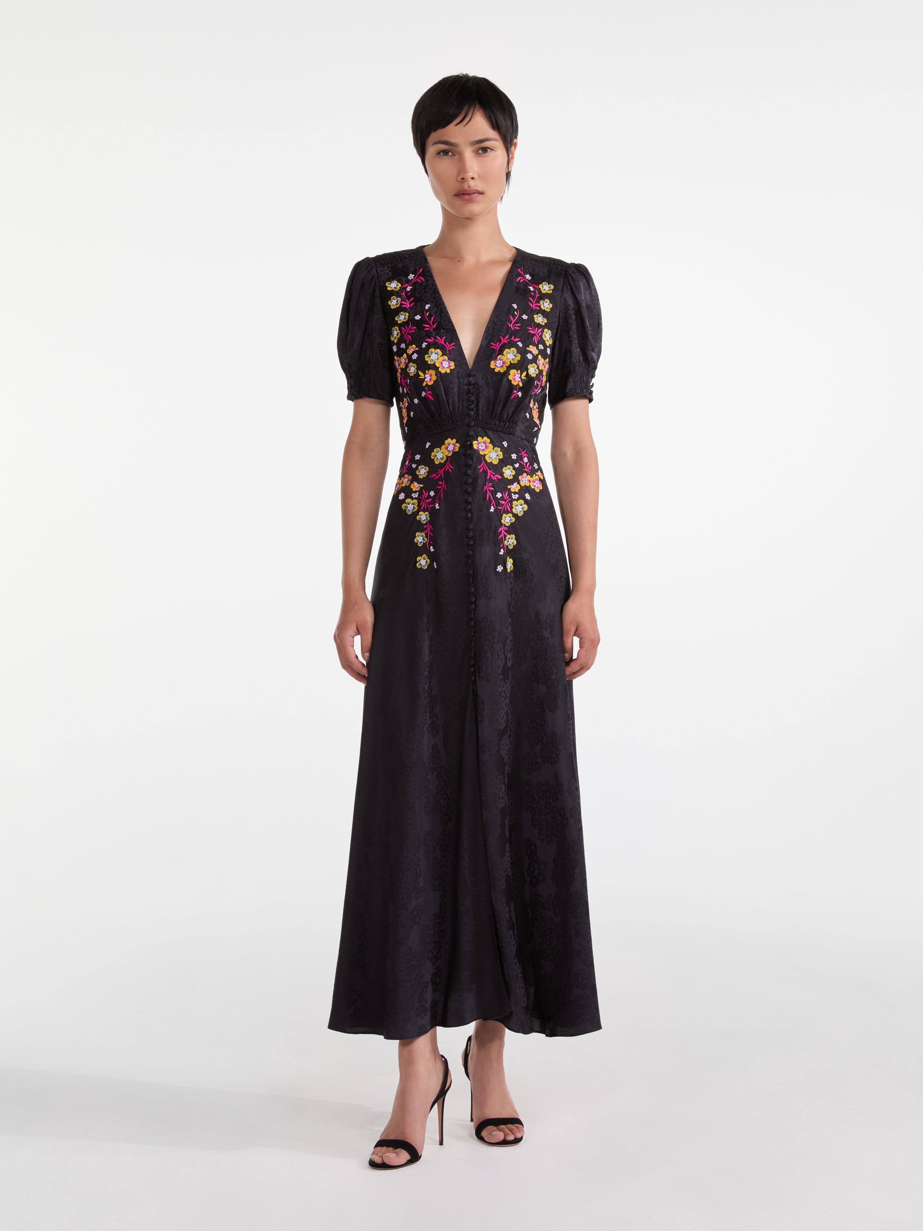 Lea Long Dress in Black Bright Flowers Embroidery Lea Long Dress in Black Bright Flowers Embroidery