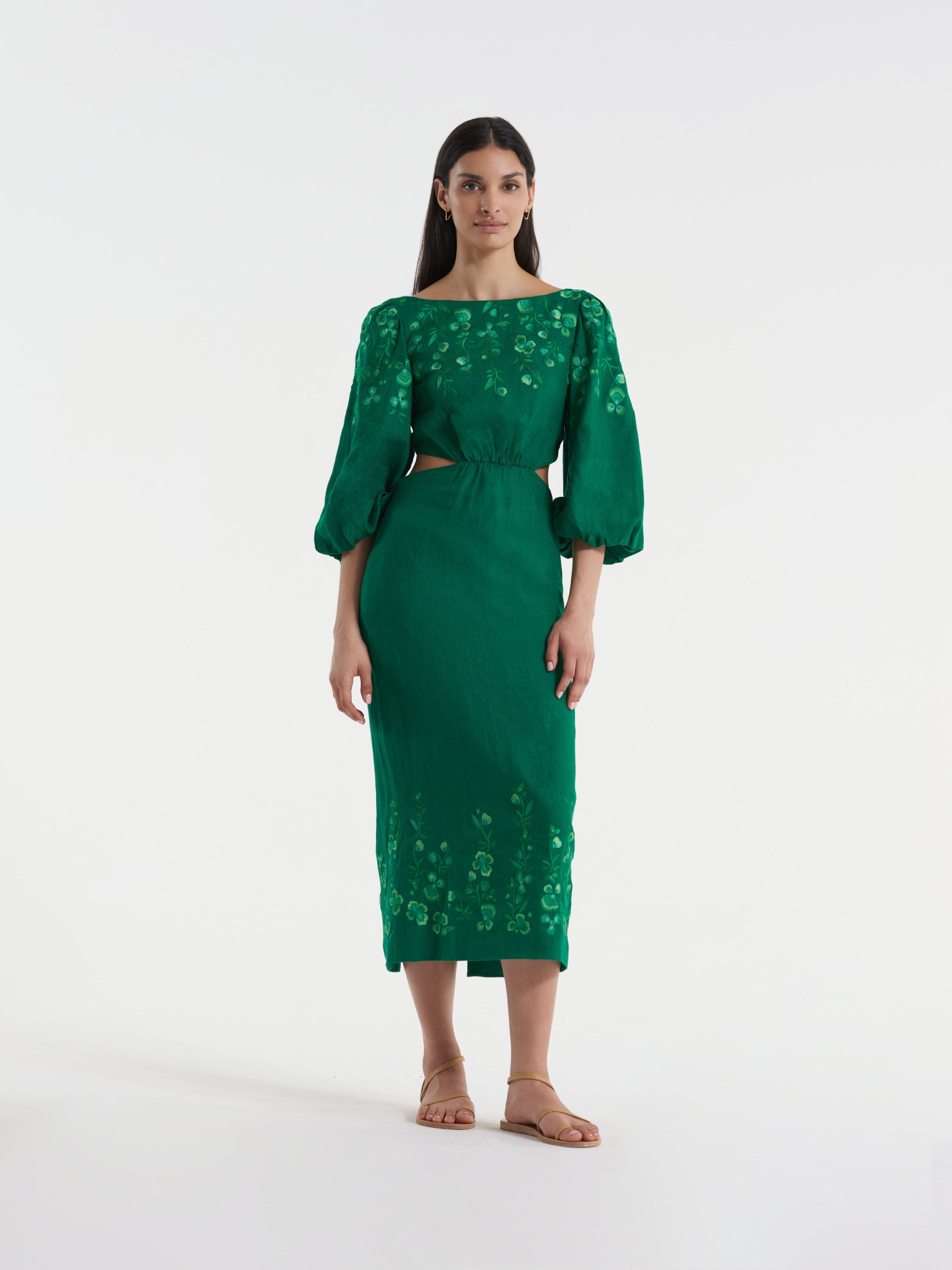 Neelam Dress in Emerald Green Embroidery