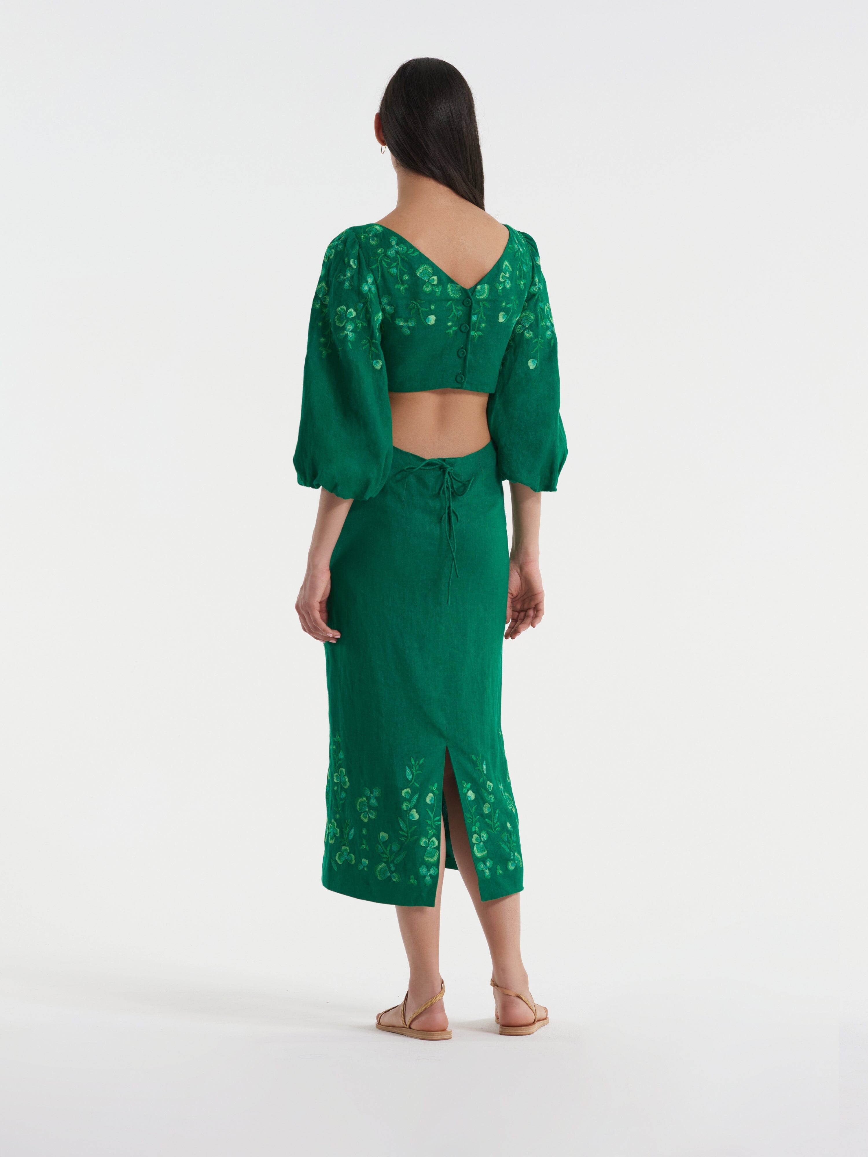 Neelam Dress in Emerald Green Embroidery