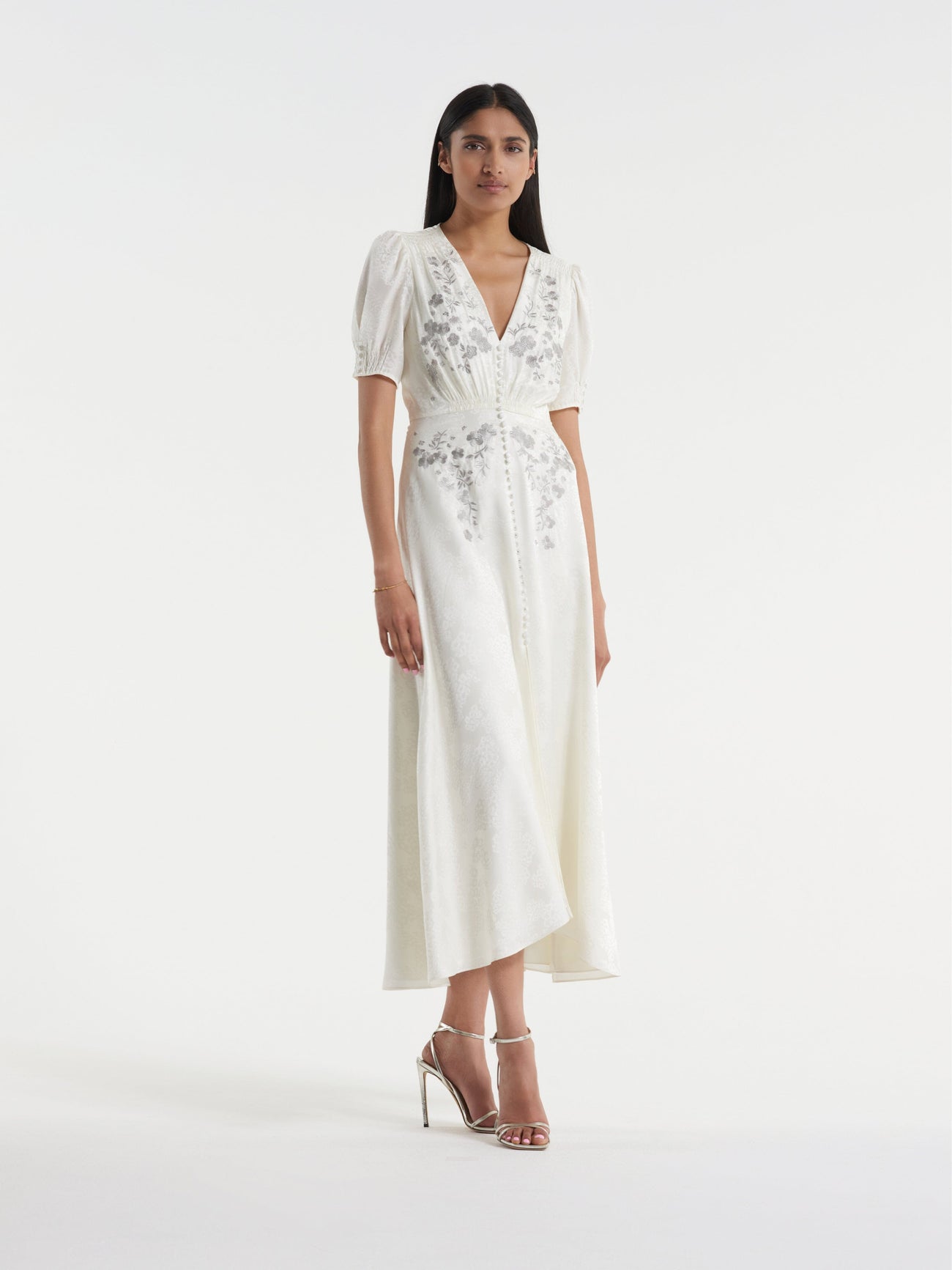 Load image into Gallery viewer, Lea Long Dress in Ivory Silver Embroidery