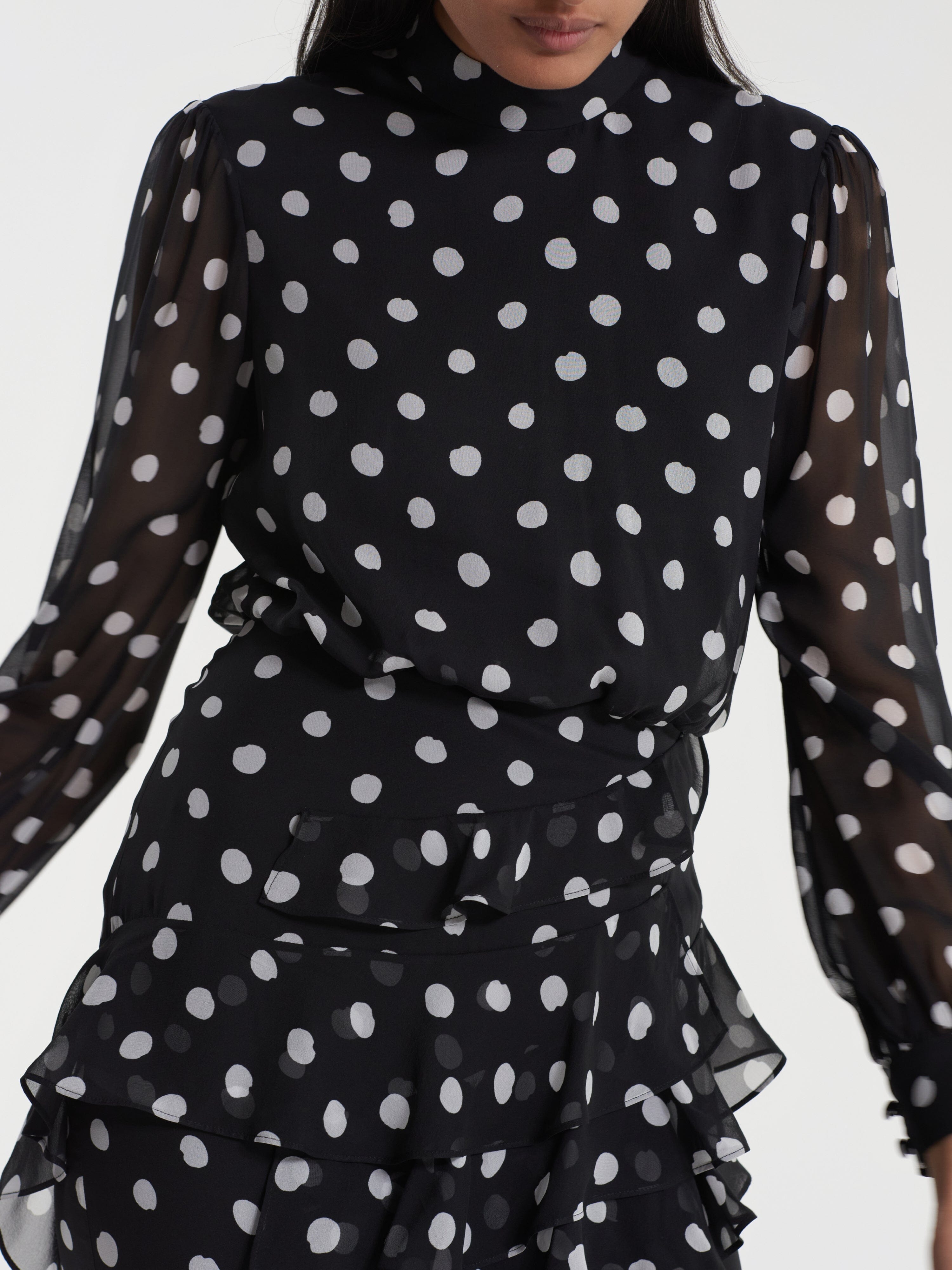 SALONI London - Isa Ruffle Dress in Mono Dot - Silk SALONI London - Isa Ruffle Dress in Mono Dot - Silk