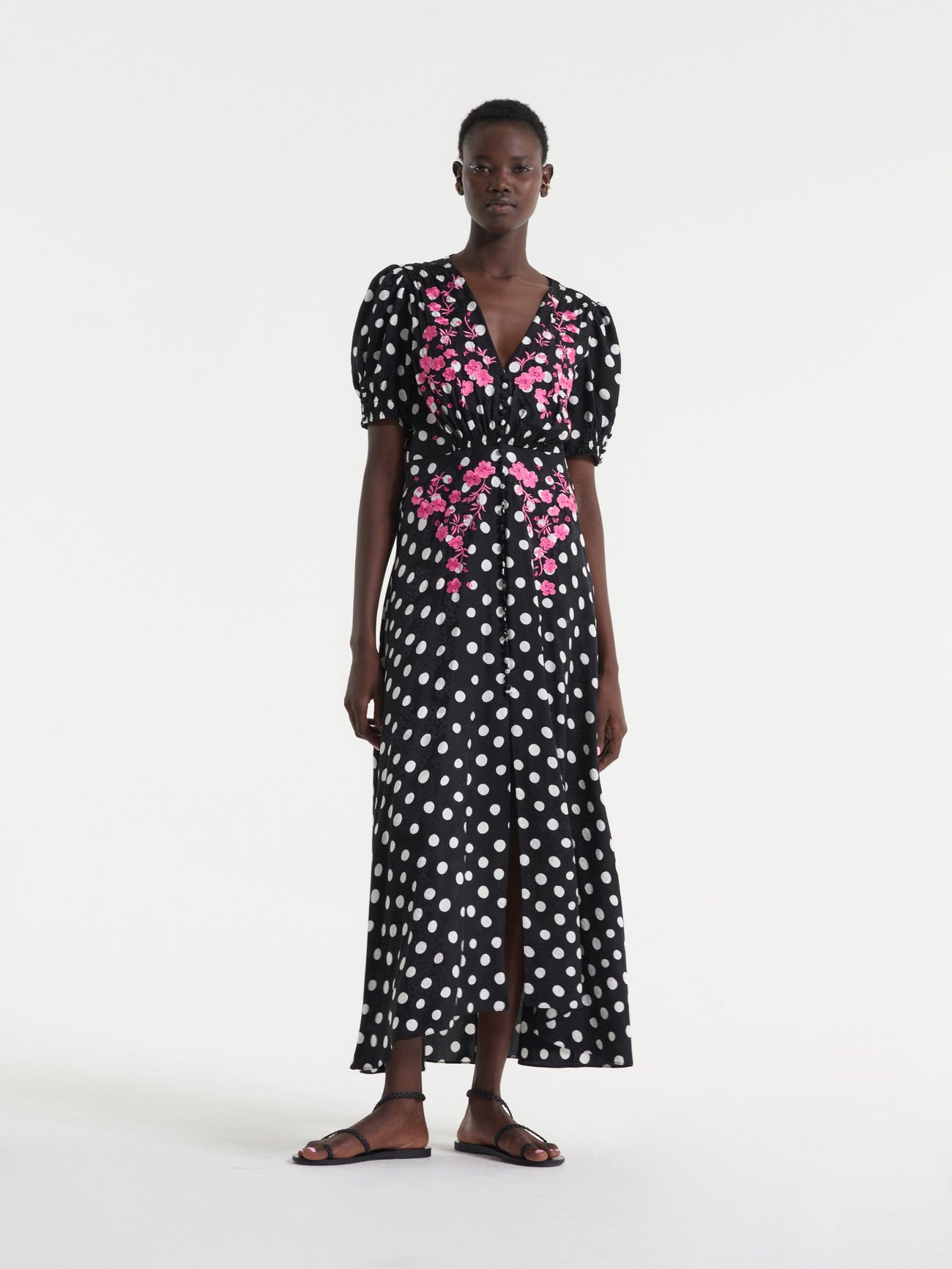 Load image into Gallery viewer, Lea Long Dress in Polka Dot Flower Embroidery