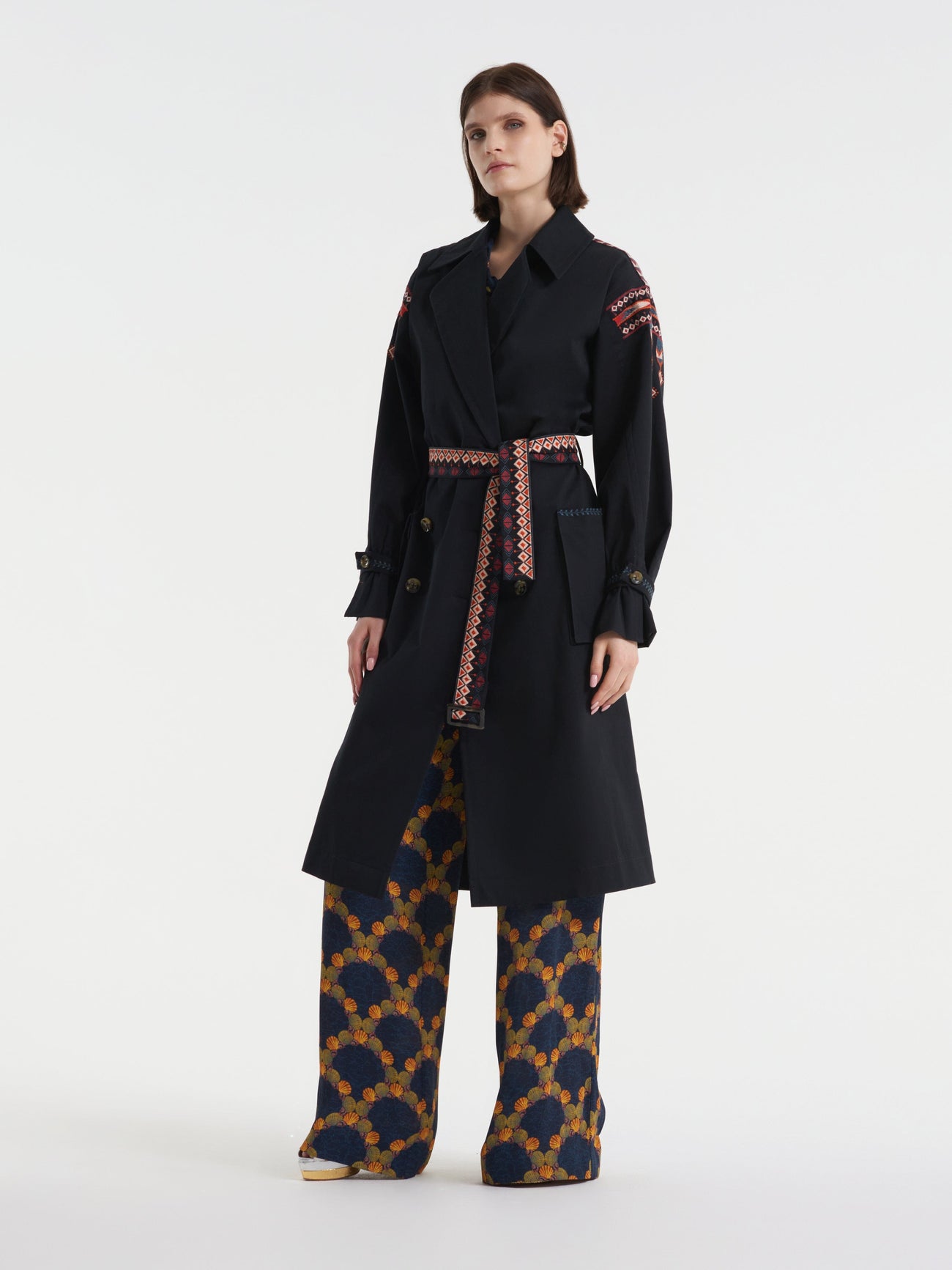 Load image into Gallery viewer, Summer Trench Black with Ikat Embroidery
