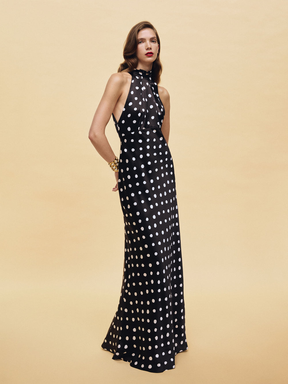 saloni michelle silk maxi dress Michelle velvet-trimmed open-back satin gown - gold