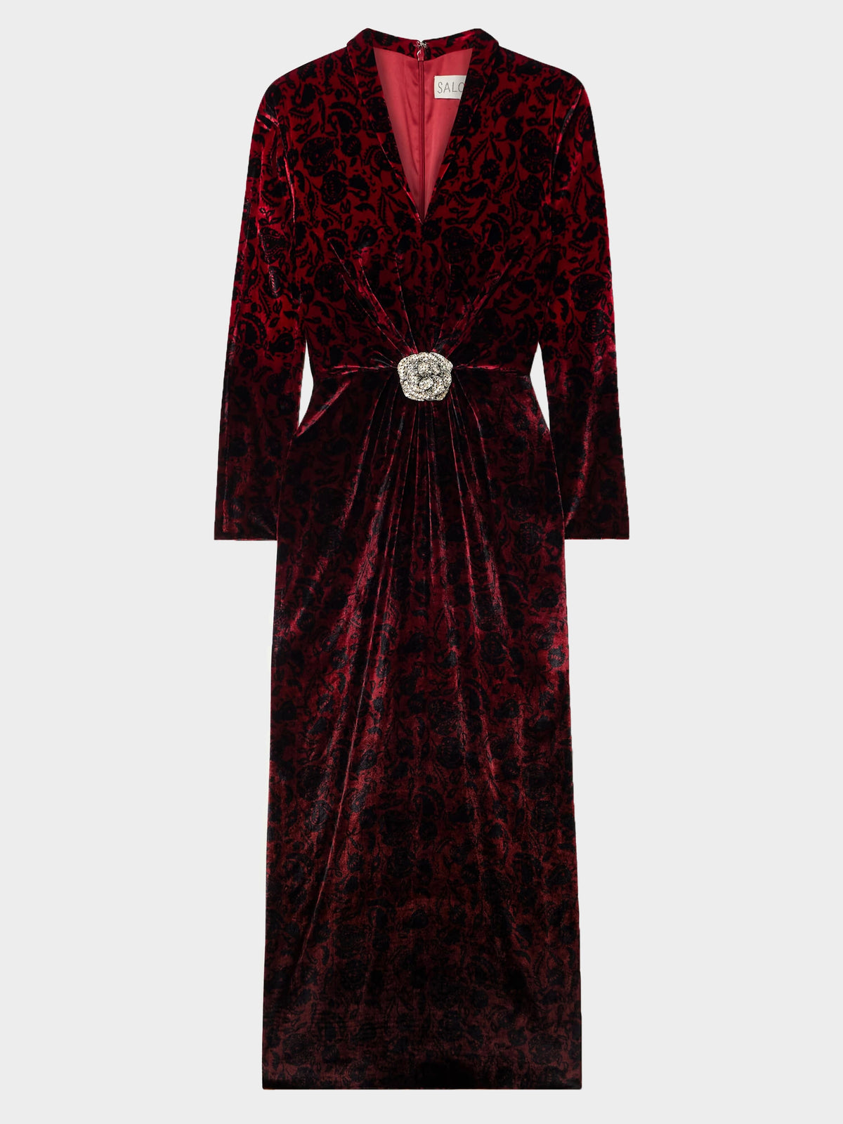 Red floral and paisley velvet long sleeve midi dress, with crystal rose appliqué