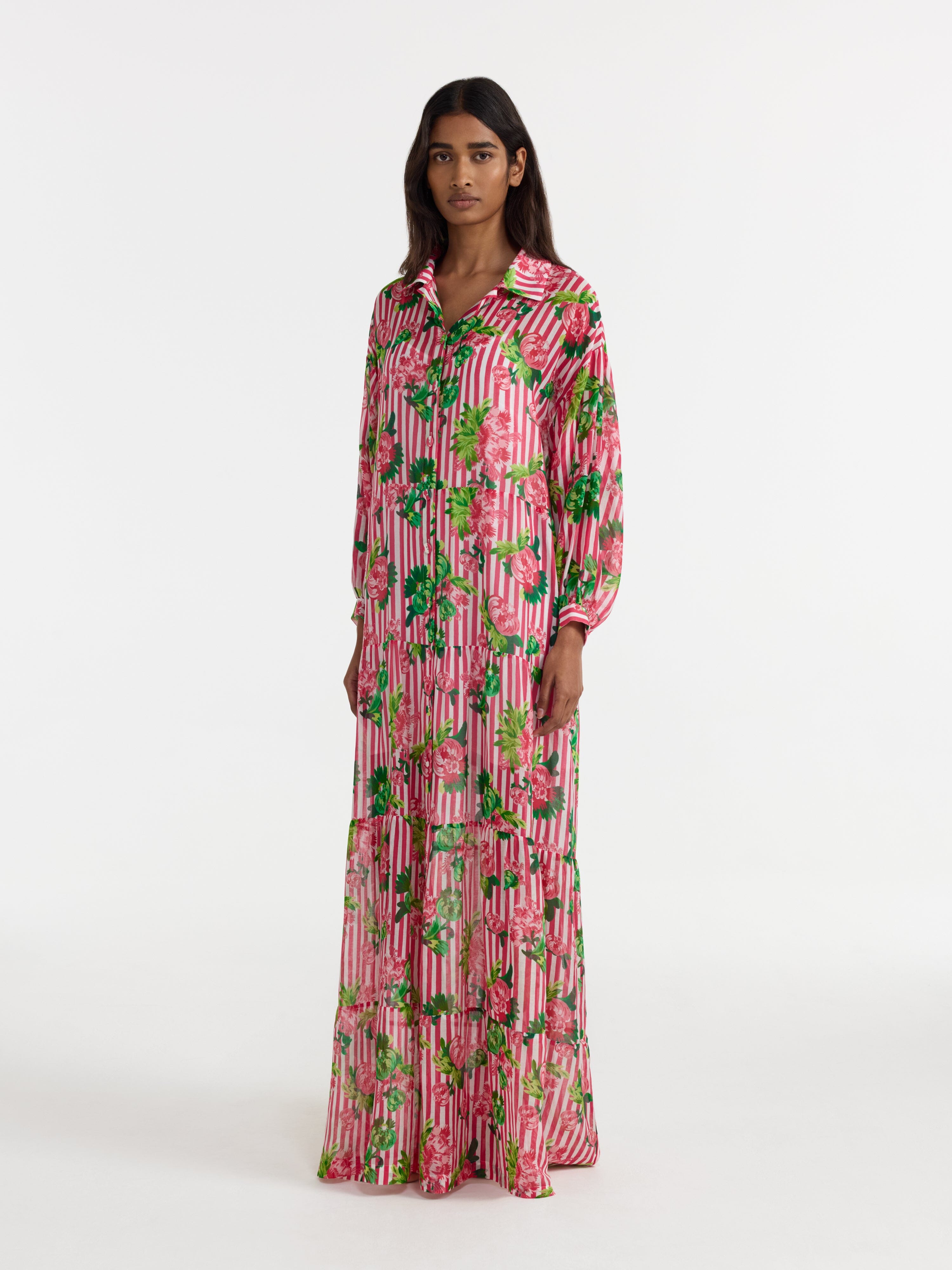 Soliel Long Dress in Pivoines Stripe