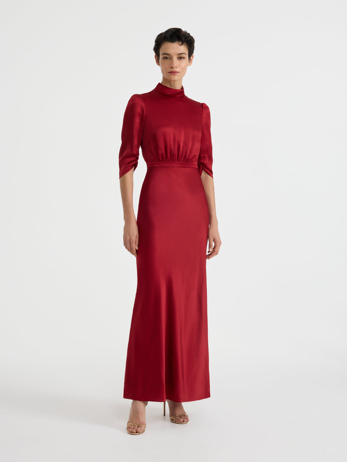 Red high neck ¾ length sleeve satin midi dress, on model side view
