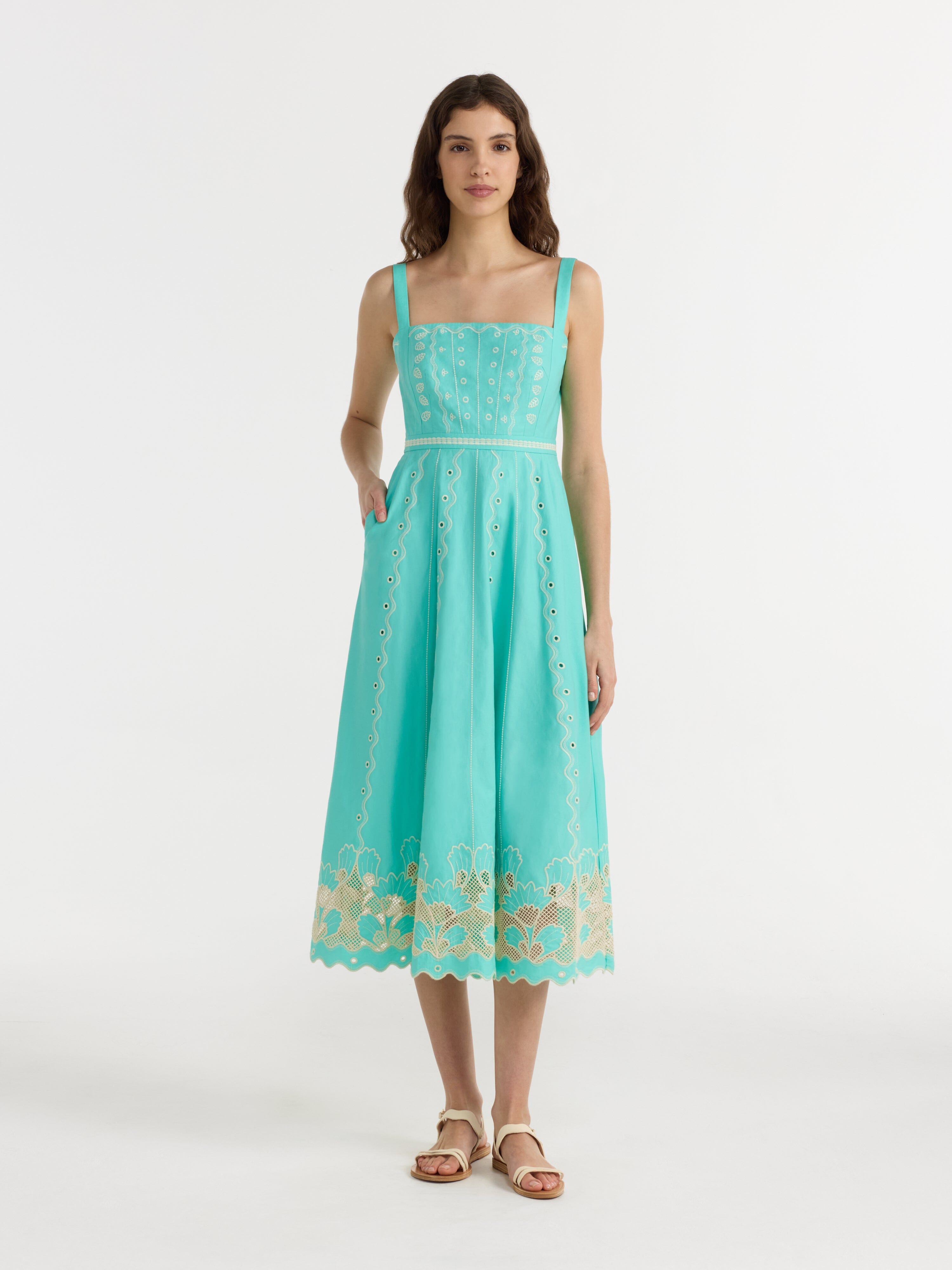Aurora B Dress in Fresh Mint Trellis Embroidery