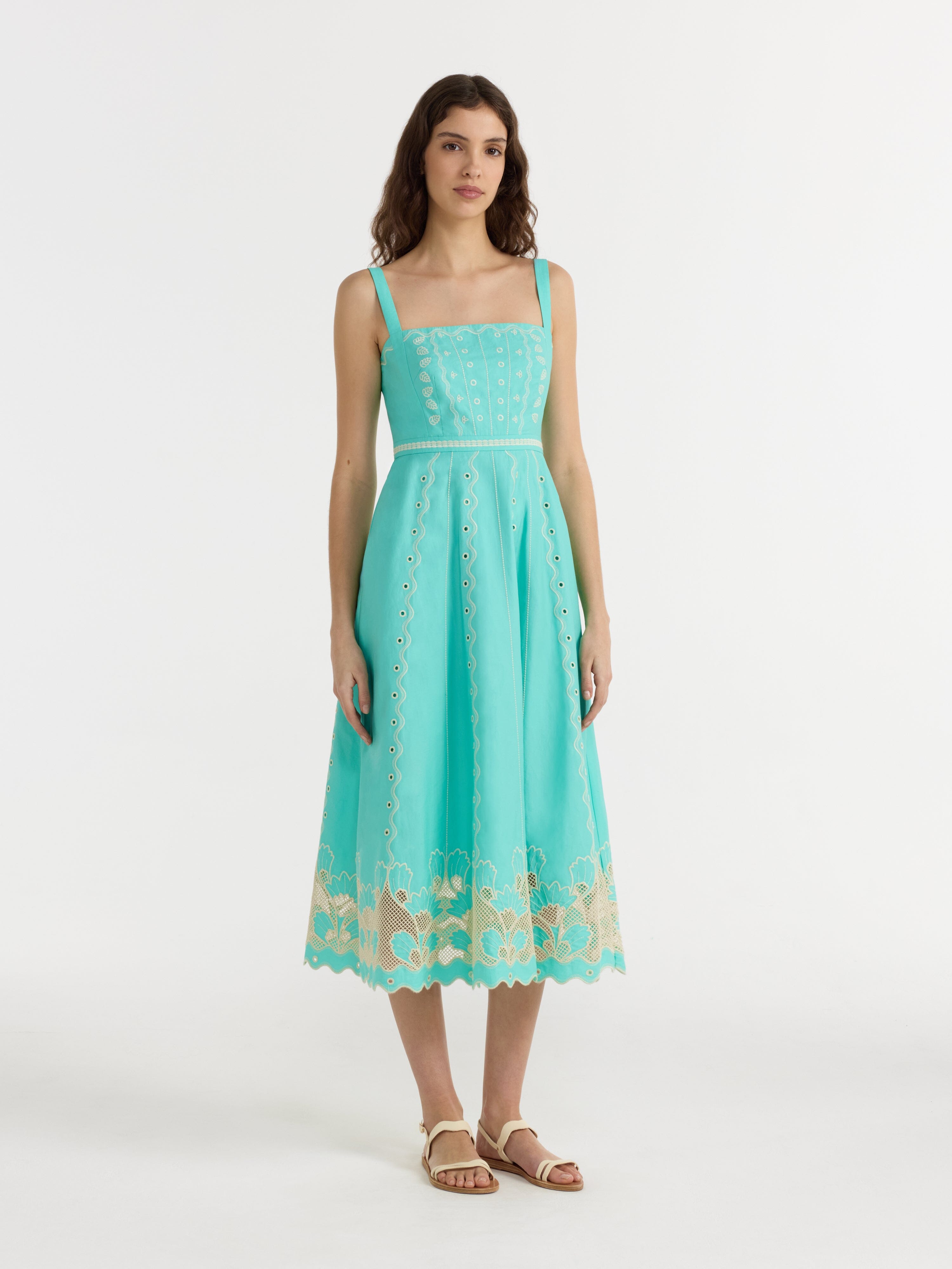 Aurora B Dress in Fresh Mint Trellis Embroidery